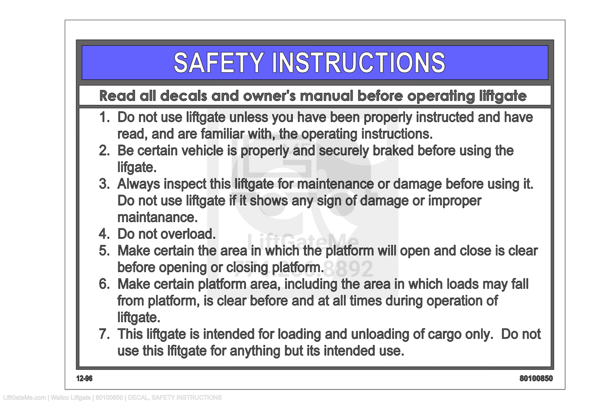 Waltco Liftgate Part Number 80100850 | decal, safety instructions