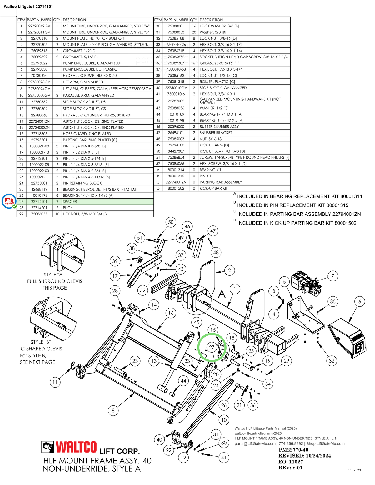 Maxon Liftgate | 227141-01 — HLF MOUNT FRAME ASSY, 40 NON-UNDERRIDE, STYLE A · p.11 (Waltco HLF Parts Manual)