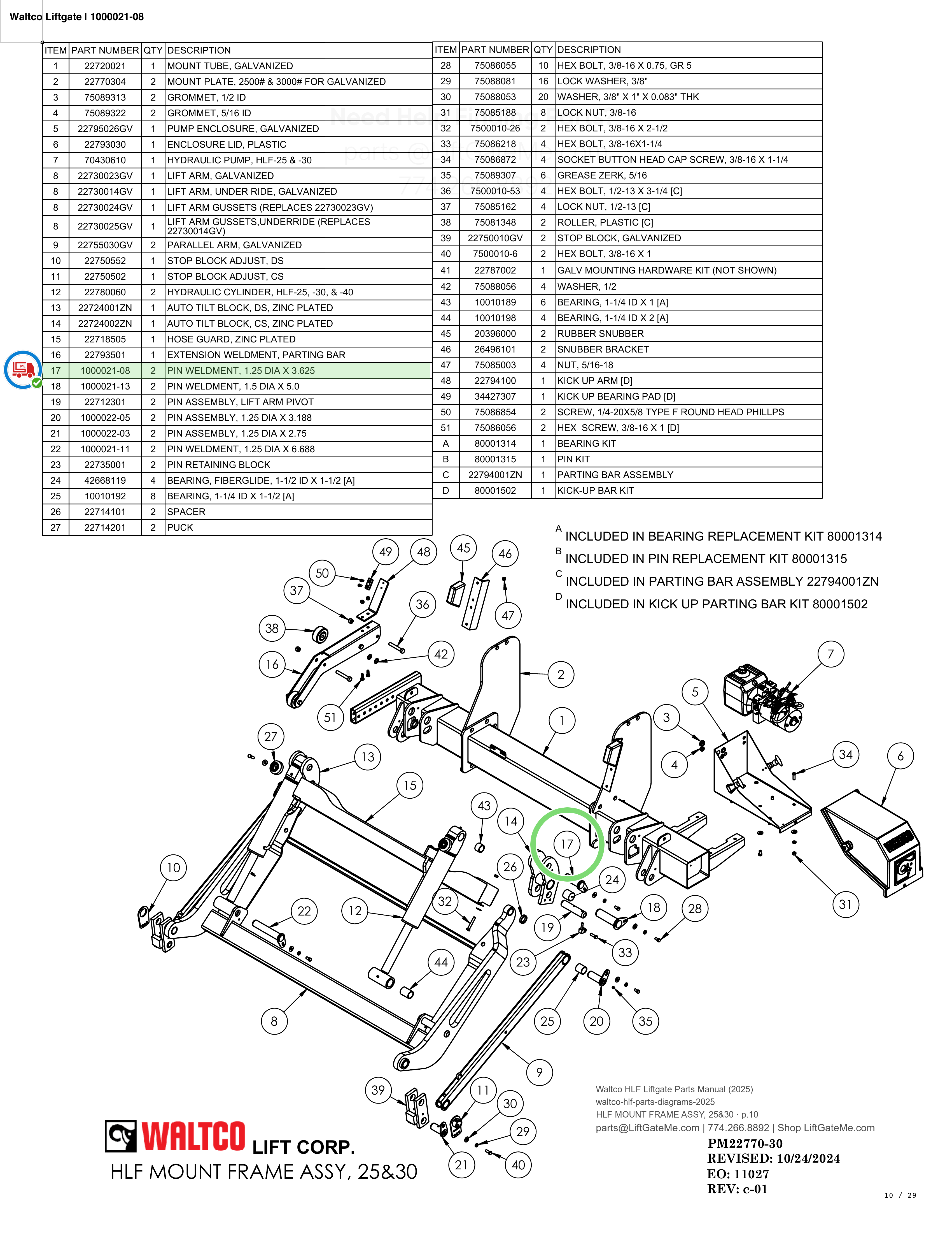 Waltco Liftgate | 1000021-08 — HLF MOUNT FRAME ASSY, 25&30 · p.10 (Waltco HLF Parts Manual)