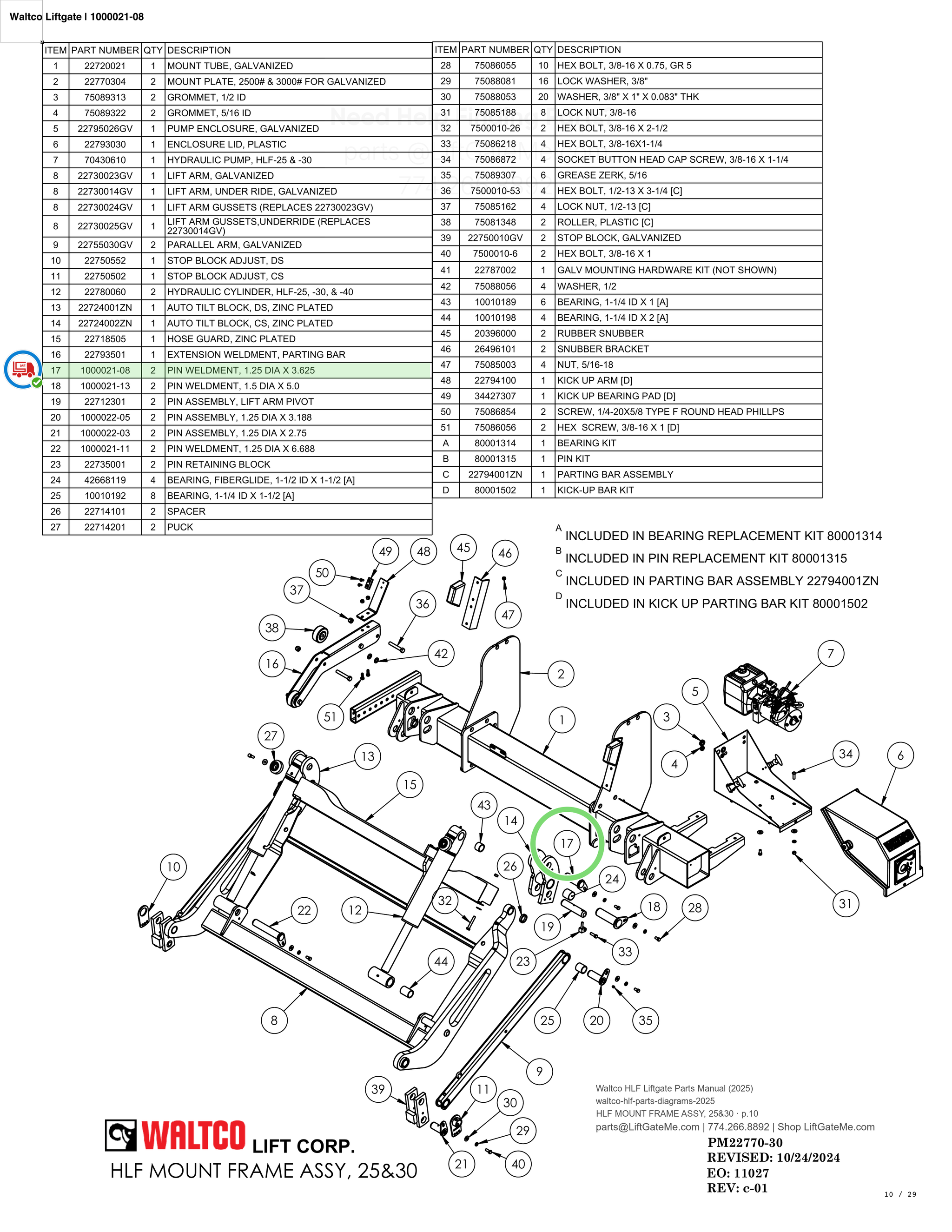 Waltco Liftgate | 1000021-08 — HLF MOUNT FRAME ASSY, 25&30 · p.10 (Waltco HLF Parts Manual)