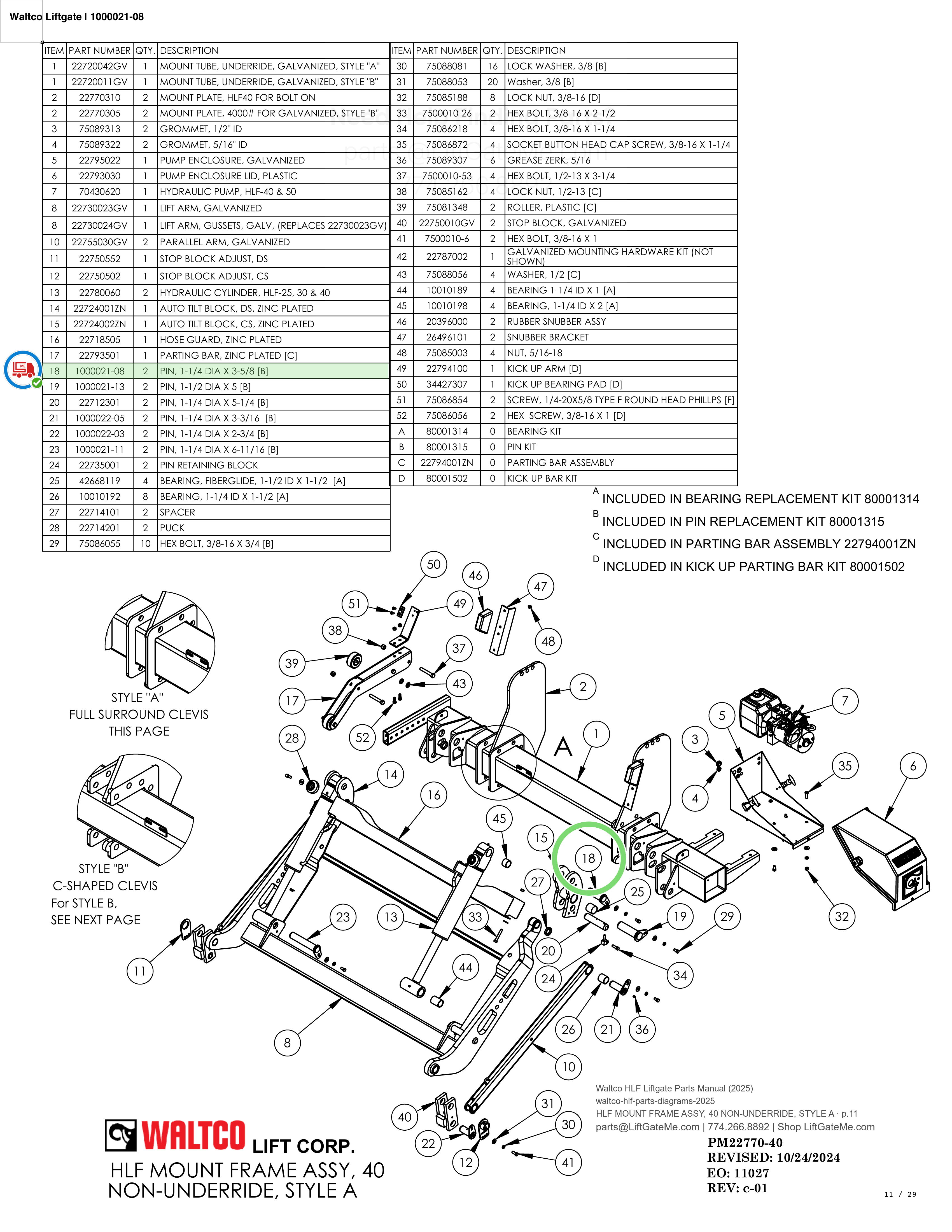 Waltco Liftgate | 1000021-08 — HLF MOUNT FRAME ASSY, 40 NON-UNDERRIDE, STYLE A · p.11 (Waltco HLF Parts Manual)