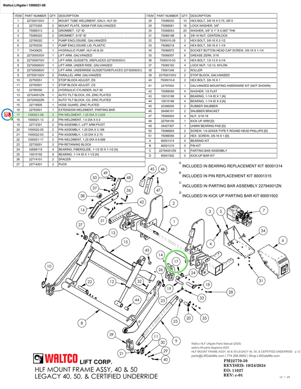 Waltco Liftgate | 1000021-08 — HLF MOUNT FRAME ASSY, 40 & 50 LEGACY 40, 50, & CERTIFIED UNDERRIDE · p.12 (Waltco HLF Parts Manual)