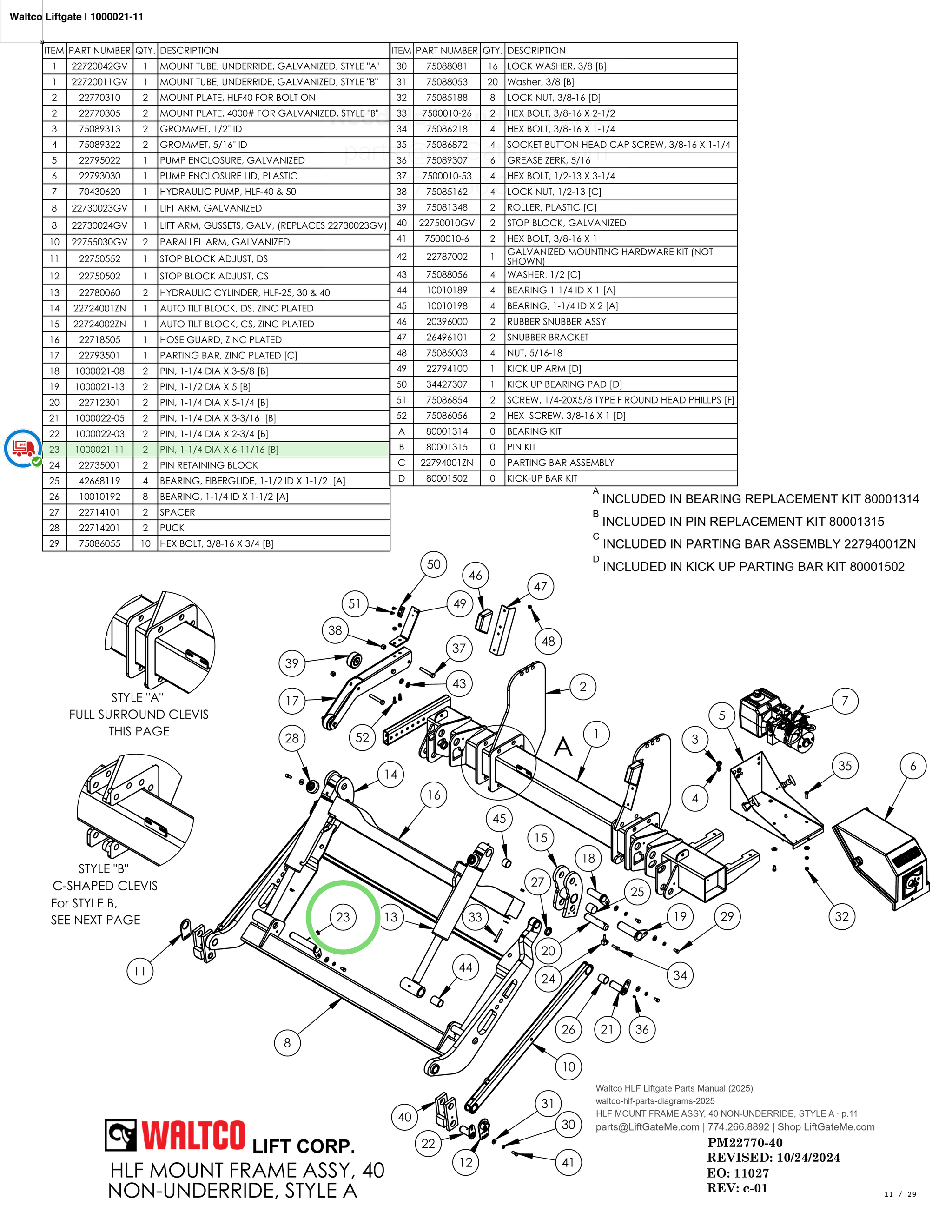 Waltco Liftgate | 1000021-11 — HLF MOUNT FRAME ASSY, 40 NON-UNDERRIDE, STYLE A · p.11 (Waltco HLF Parts Manual)