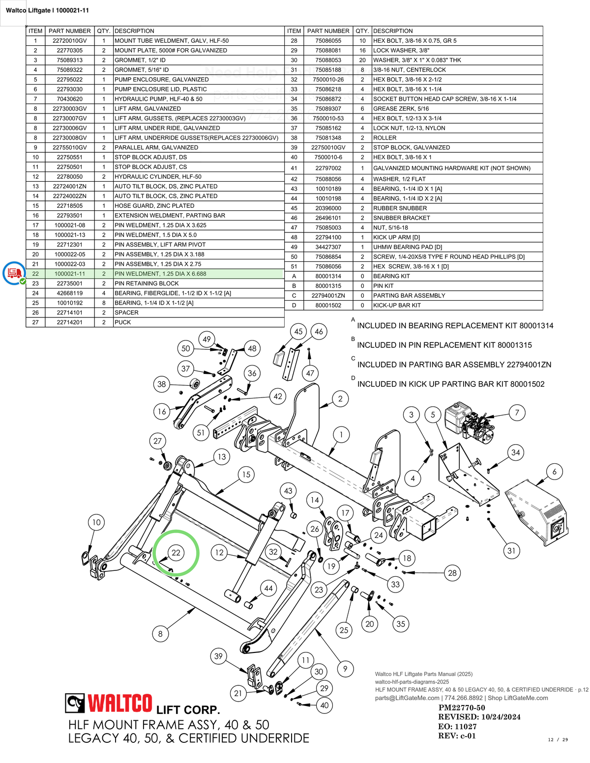 Waltco Liftgate | 1000021-11 — HLF MOUNT FRAME ASSY, 40 & 50 LEGACY 40, 50, & CERTIFIED UNDERRIDE · p.12 (Waltco HLF Parts Manual)
