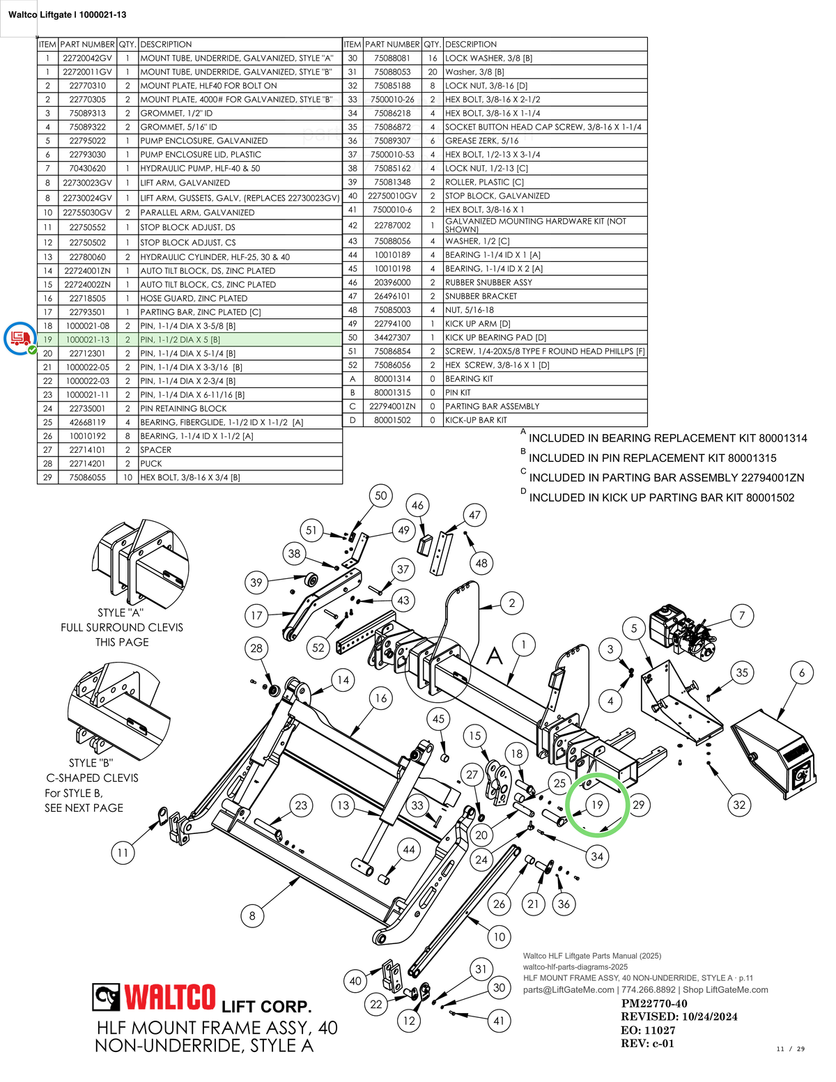 Waltco Liftgate | 1000021-13 — HLF MOUNT FRAME ASSY, 40 NON-UNDERRIDE, STYLE A · p.11 (Waltco HLF Parts Manual)