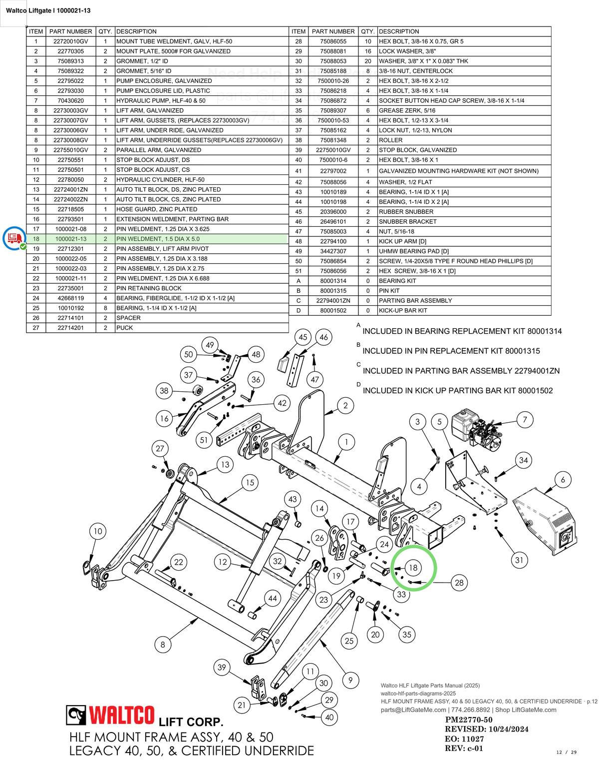 Waltco Liftgate | 1000021-13 — HLF MOUNT FRAME ASSY, 40 & 50 LEGACY 40, 50, & CERTIFIED UNDERRIDE · p.12 (Waltco HLF Parts Manual)
