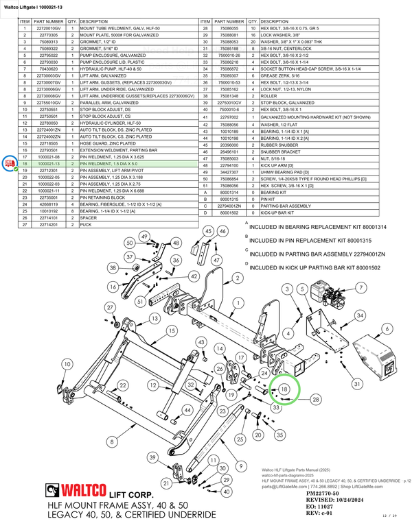 Waltco Liftgate | 1000021-13 — HLF MOUNT FRAME ASSY, 40 & 50 LEGACY 40, 50, & CERTIFIED UNDERRIDE · p.12 (Waltco HLF Parts Manual)