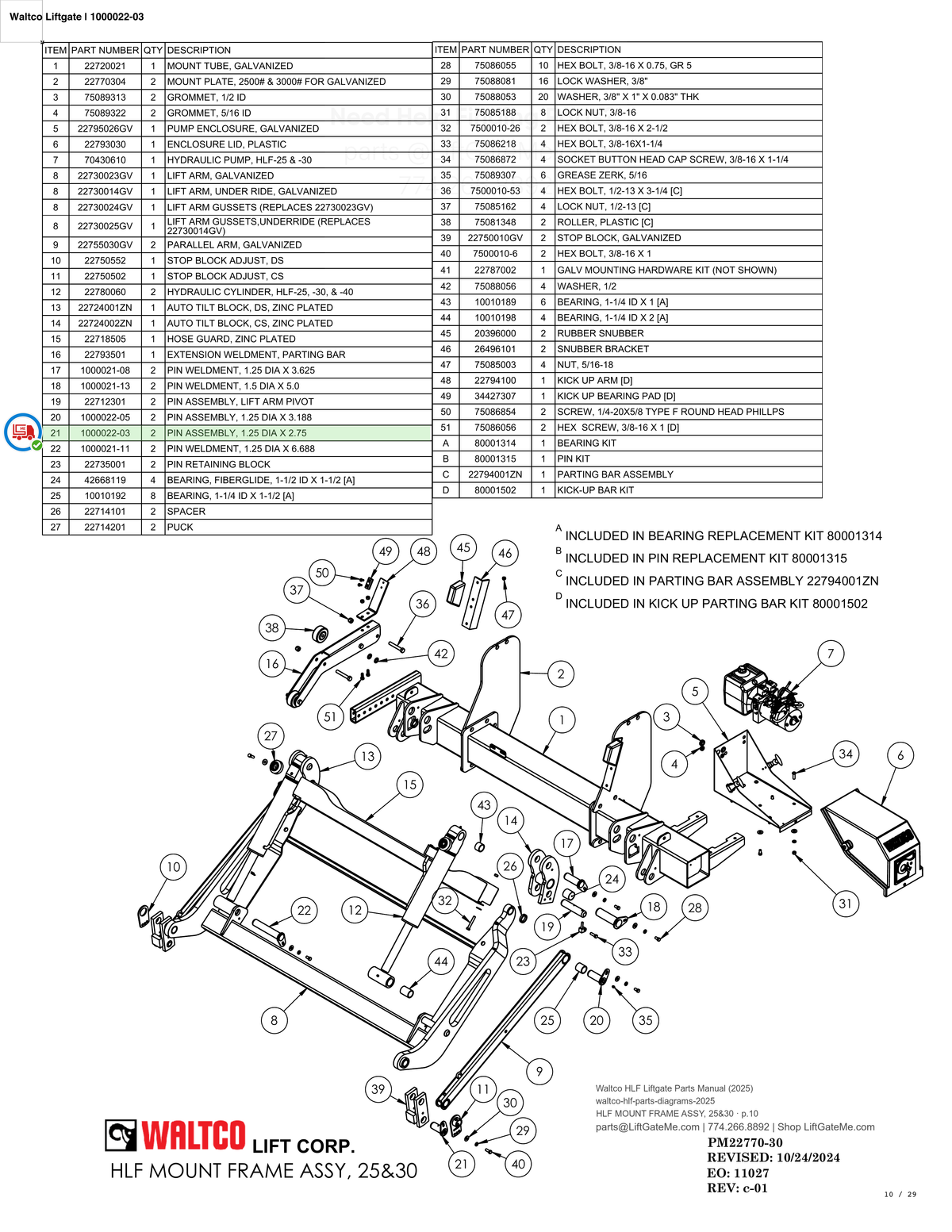 Waltco Liftgate | 1000022-03 — HLF MOUNT FRAME ASSY, 25&30 · p.10 (Waltco HLF Parts Manual)