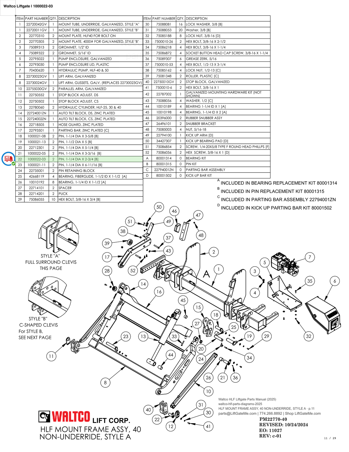 Waltco Liftgate | 1000022-03 — HLF MOUNT FRAME ASSY, 40 NON-UNDERRIDE, STYLE A · p.11 (Waltco HLF Parts Manual)