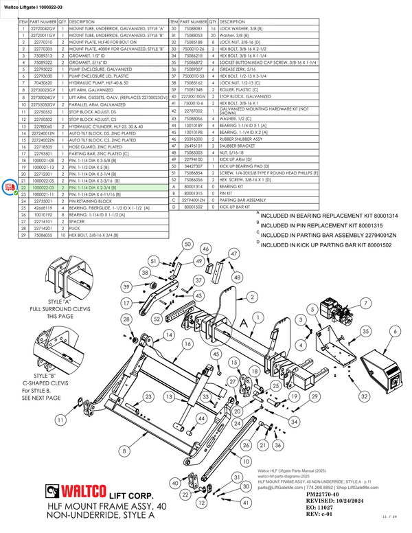 Waltco Liftgate | 1000022-03 — HLF MOUNT FRAME ASSY, 40 NON-UNDERRIDE, STYLE A · p.11 (Waltco HLF Parts Manual)