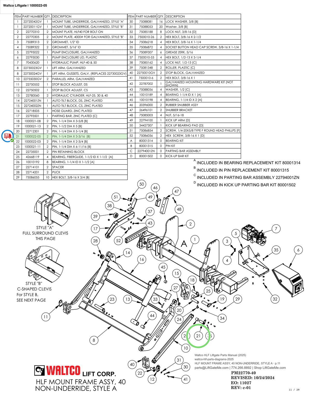 Waltco Liftgate | 1000022-05 — HLF MOUNT FRAME ASSY, 40 NON-UNDERRIDE, STYLE A · p.11 (Waltco HLF Parts Manual)