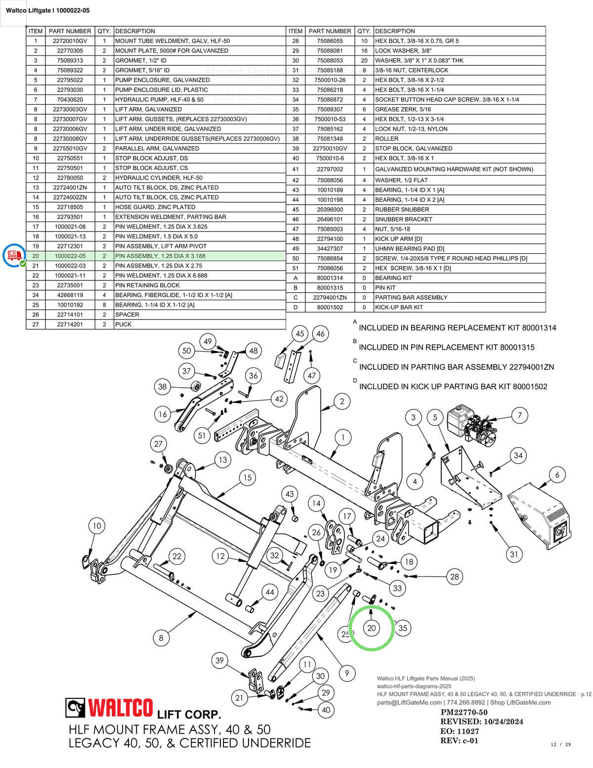 Waltco Liftgate | 1000022-05 — HLF MOUNT FRAME ASSY, 40 & 50 LEGACY 40, 50, & CERTIFIED UNDERRIDE · p.12 (Waltco HLF Parts Manual)