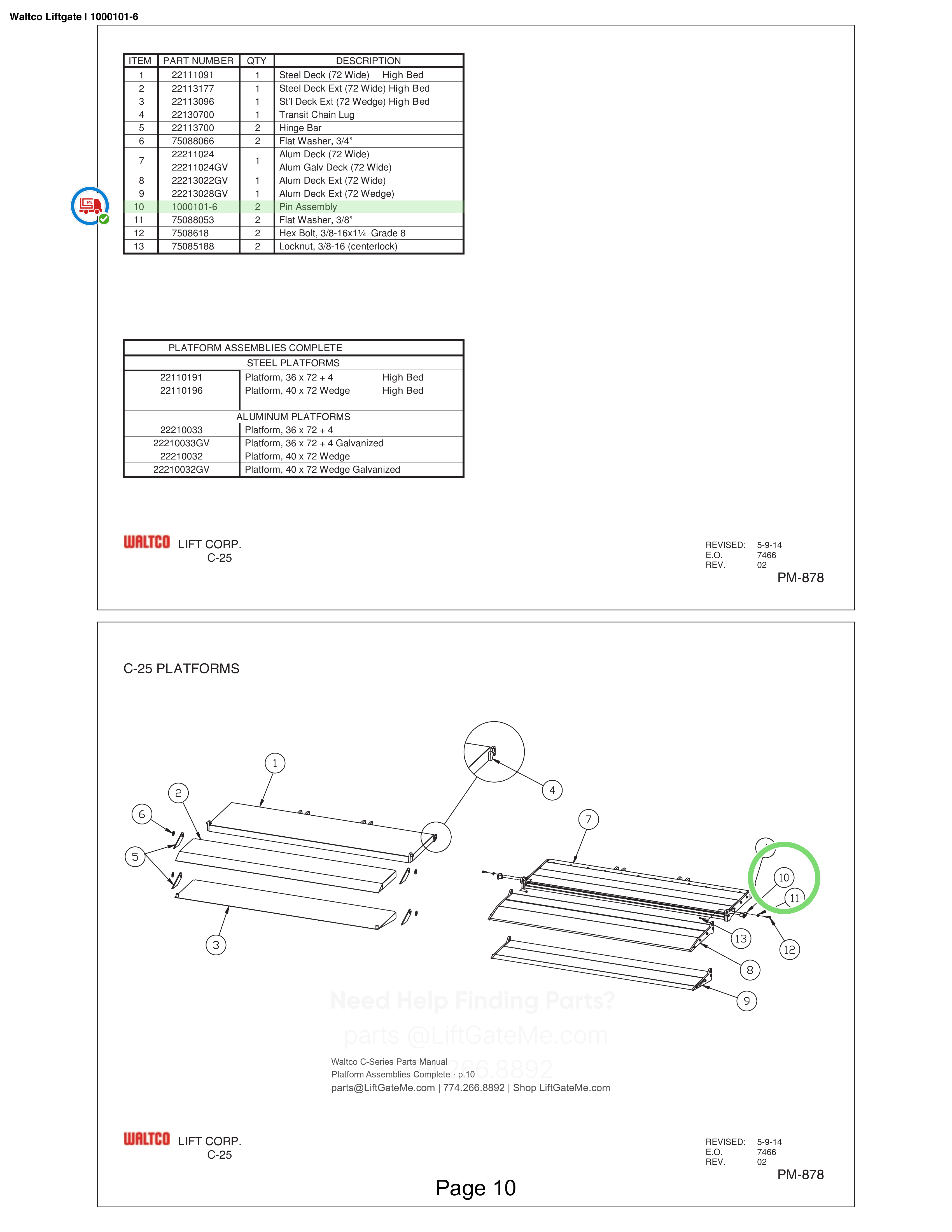Waltco Liftgate | 1000101-6 — Platform Assemblies Complete · p.10 (Waltco C-Series Parts Manual)