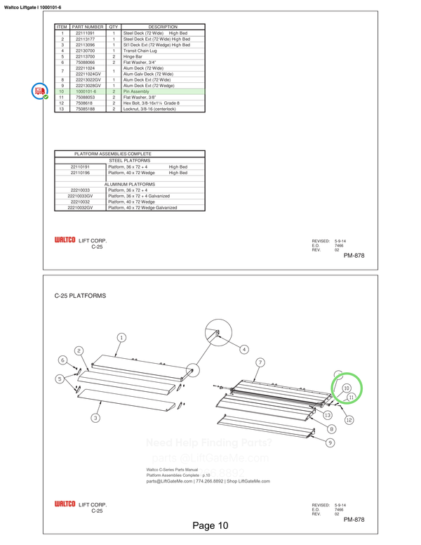 Waltco Liftgate | 1000101-6 — Platform Assemblies Complete · p.10 (Waltco C-Series Parts Manual)