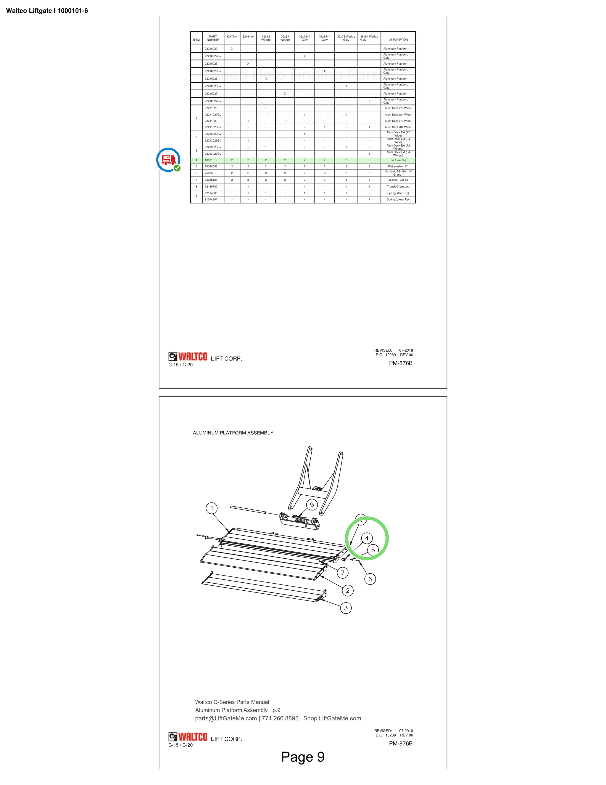 Waltco Liftgate | 1000101-6 — Aluminum Platform Assembly · p.9 (Waltco C-Series Parts Manual)