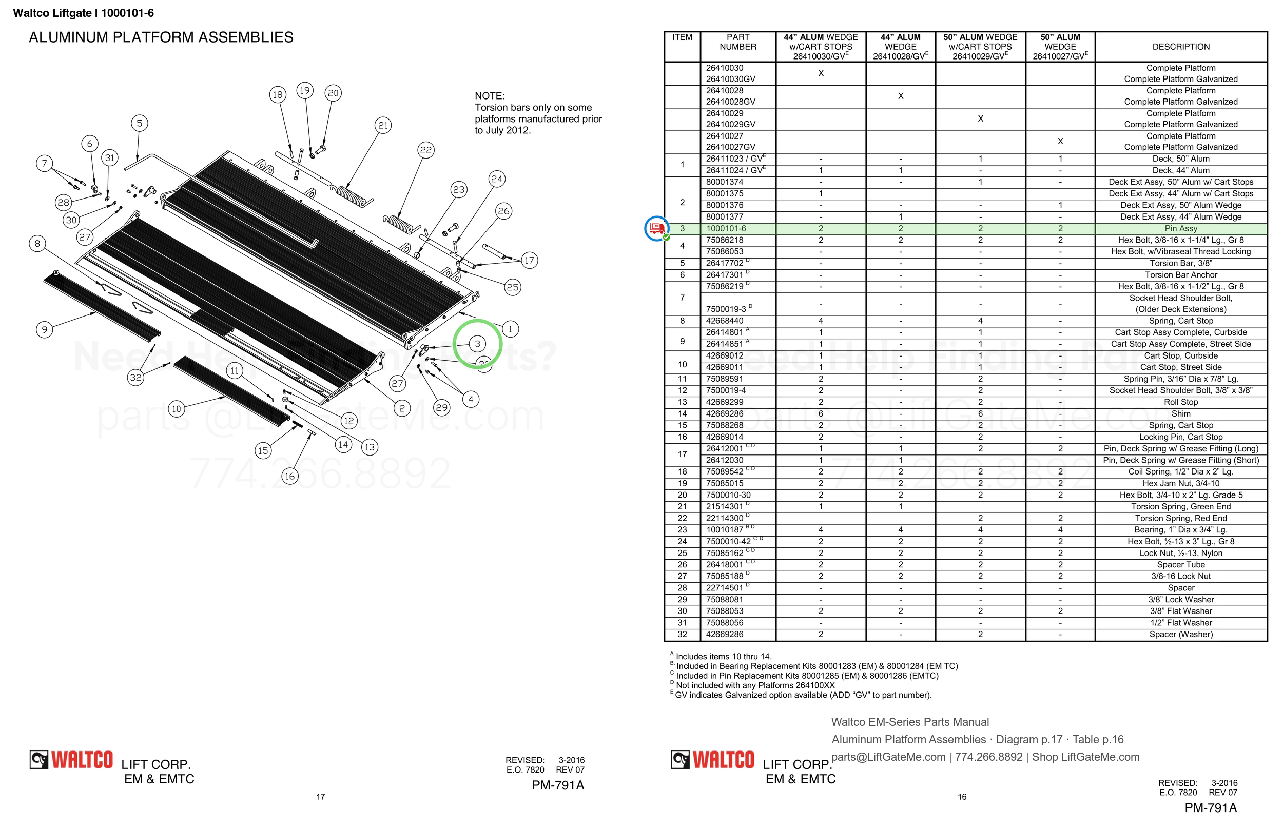 Waltco Liftgate | 1000101-6 — Aluminum Platform Assemblies · Diagram p.17 · Table p.16 (Waltco EM-Series Parts Manual)