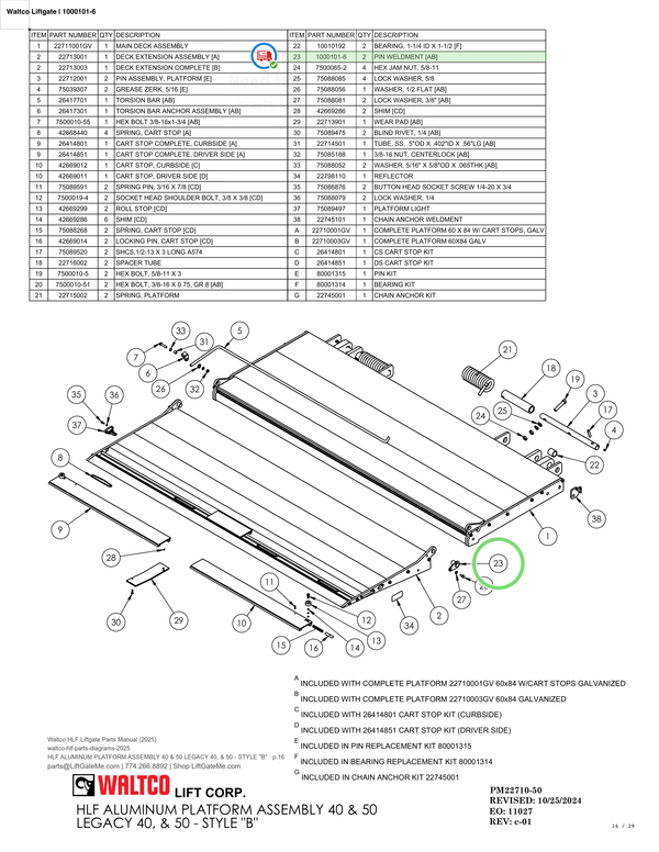 Waltco Liftgate | 1000101-6 — HLF ALUMINUM PLATFORM ASSEMBLY 40 & 50 LEGACY 40, & 50 - STYLE "B" · p.16 (Waltco HLF Parts Manual)