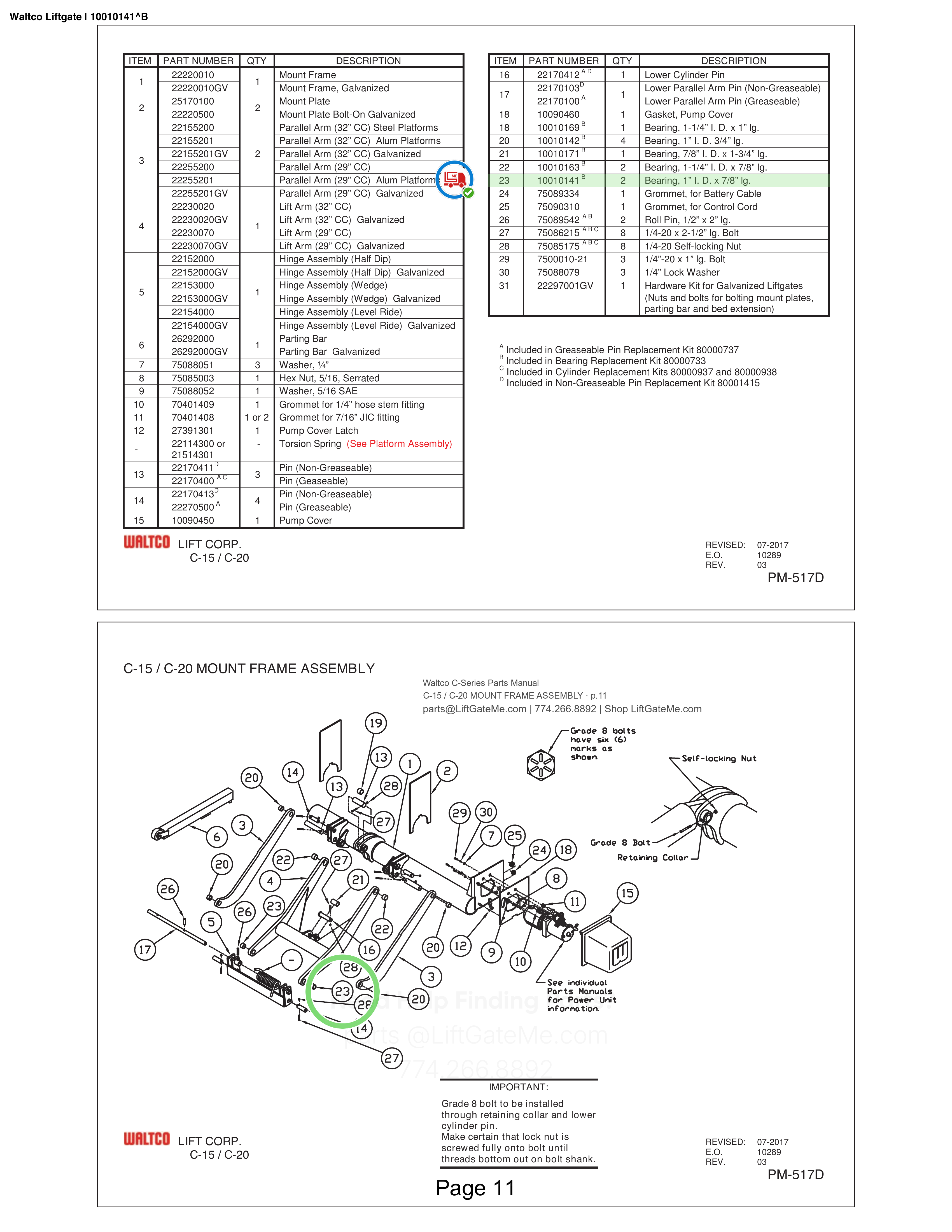 Waltco Liftgate | 10010141 — C-15 / C-20 MOUNT FRAME ASSEMBLY · p.11 (Waltco C-Series Parts Manual)
