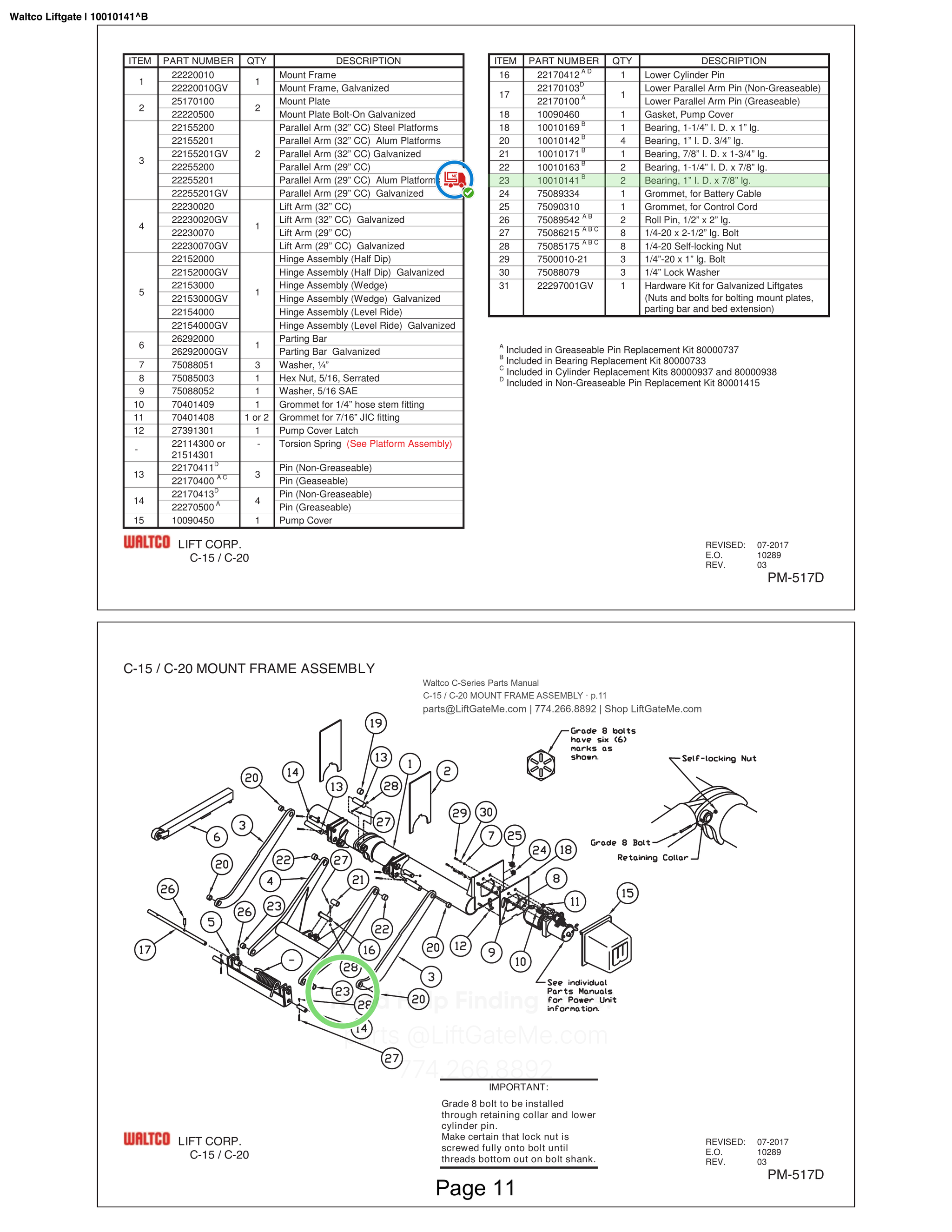 Waltco Liftgate | 10010141 — C-15 / C-20 MOUNT FRAME ASSEMBLY · p.11 (Waltco C-Series Parts Manual)