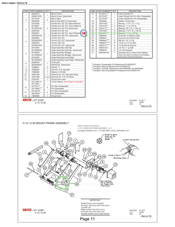 Waltco Liftgate | 10010141 — C-15 / C-20 MOUNT FRAME ASSEMBLY · p.11 (Waltco C-Series Parts Manual)