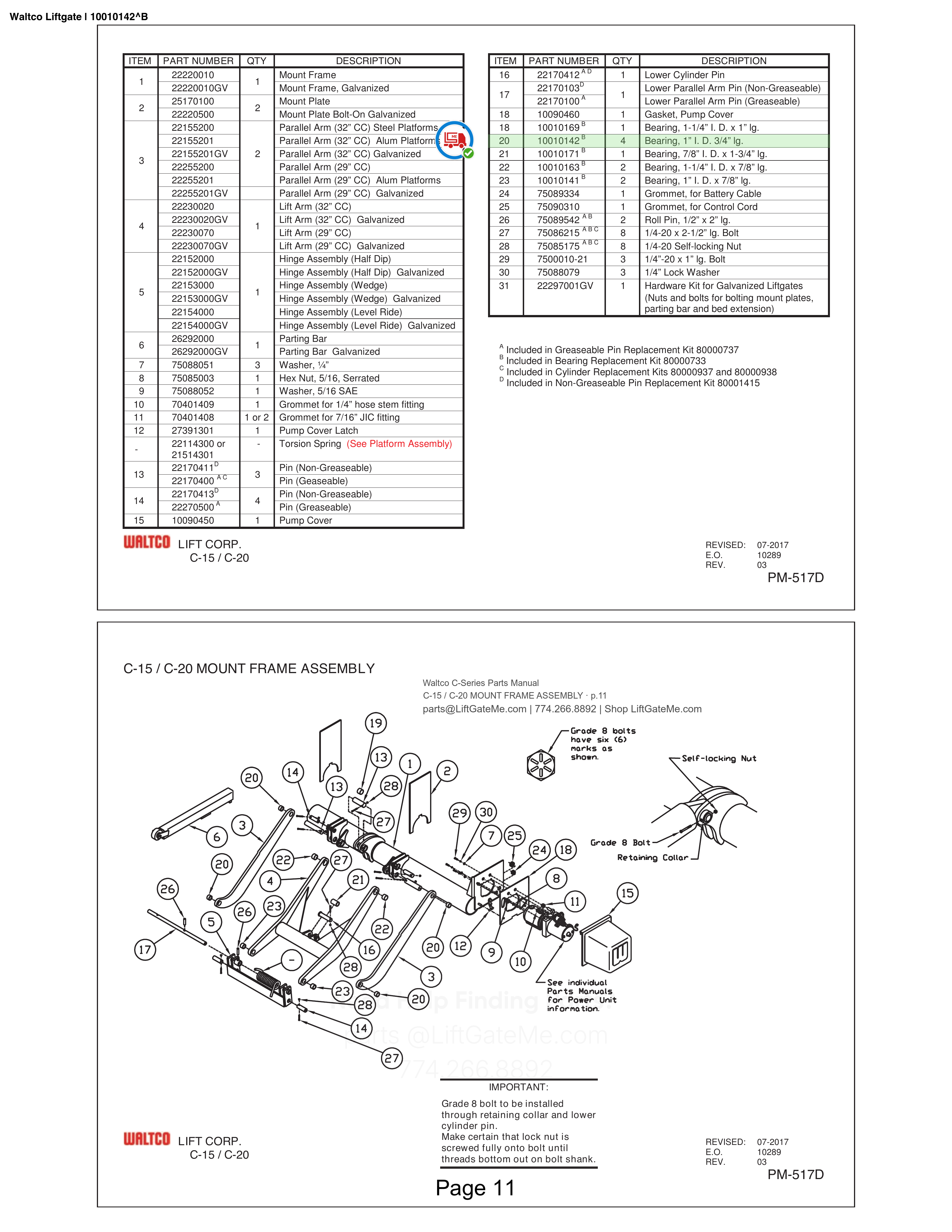 Waltco Liftgate | 10010142 — C-15 / C-20 MOUNT FRAME ASSEMBLY · p.11 (Waltco C-Series Parts Manual)