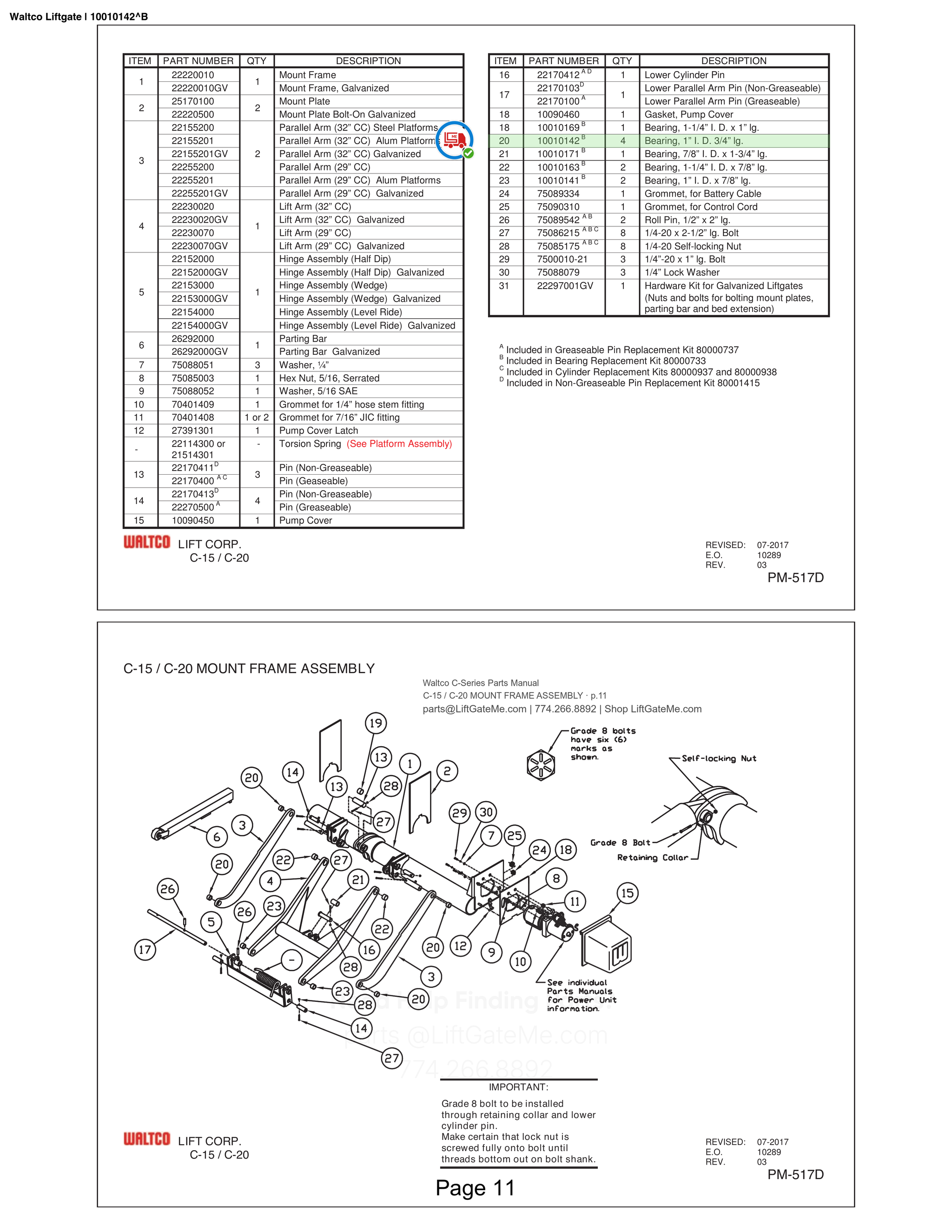 Waltco Liftgate | 10010142 — C-15 / C-20 MOUNT FRAME ASSEMBLY · p.11 (Waltco C-Series Parts Manual)