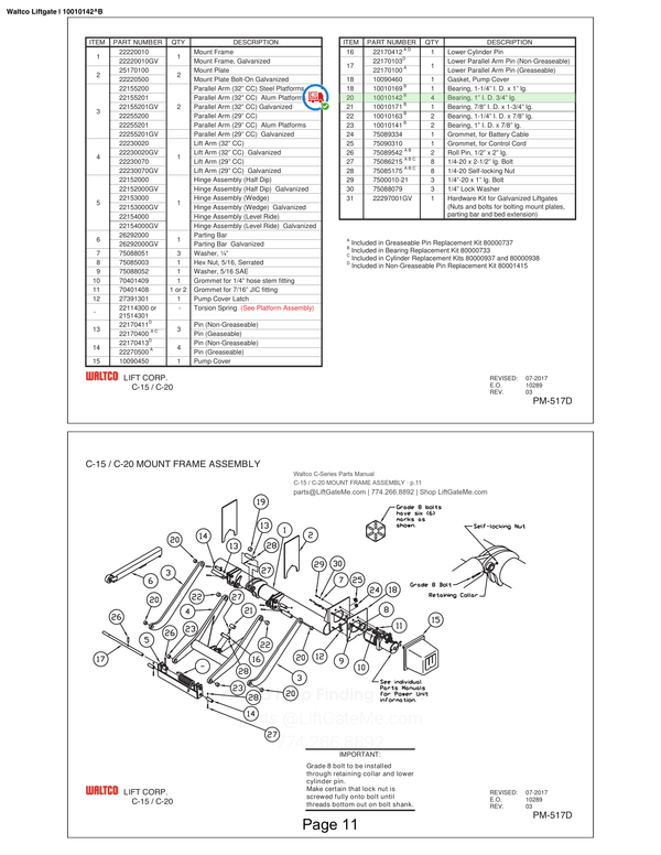 Waltco Liftgate | 10010142 — C-15 / C-20 MOUNT FRAME ASSEMBLY · p.11 (Waltco C-Series Parts Manual)