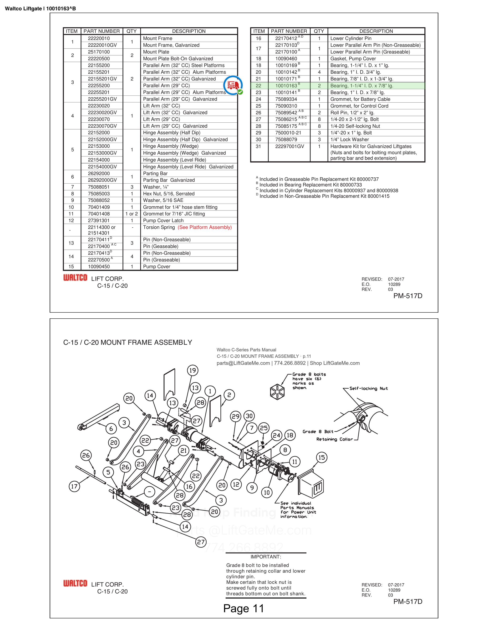 Waltco Liftgate | 10010163 — C-15 / C-20 MOUNT FRAME ASSEMBLY · p.11 (Waltco C-Series Parts Manual)