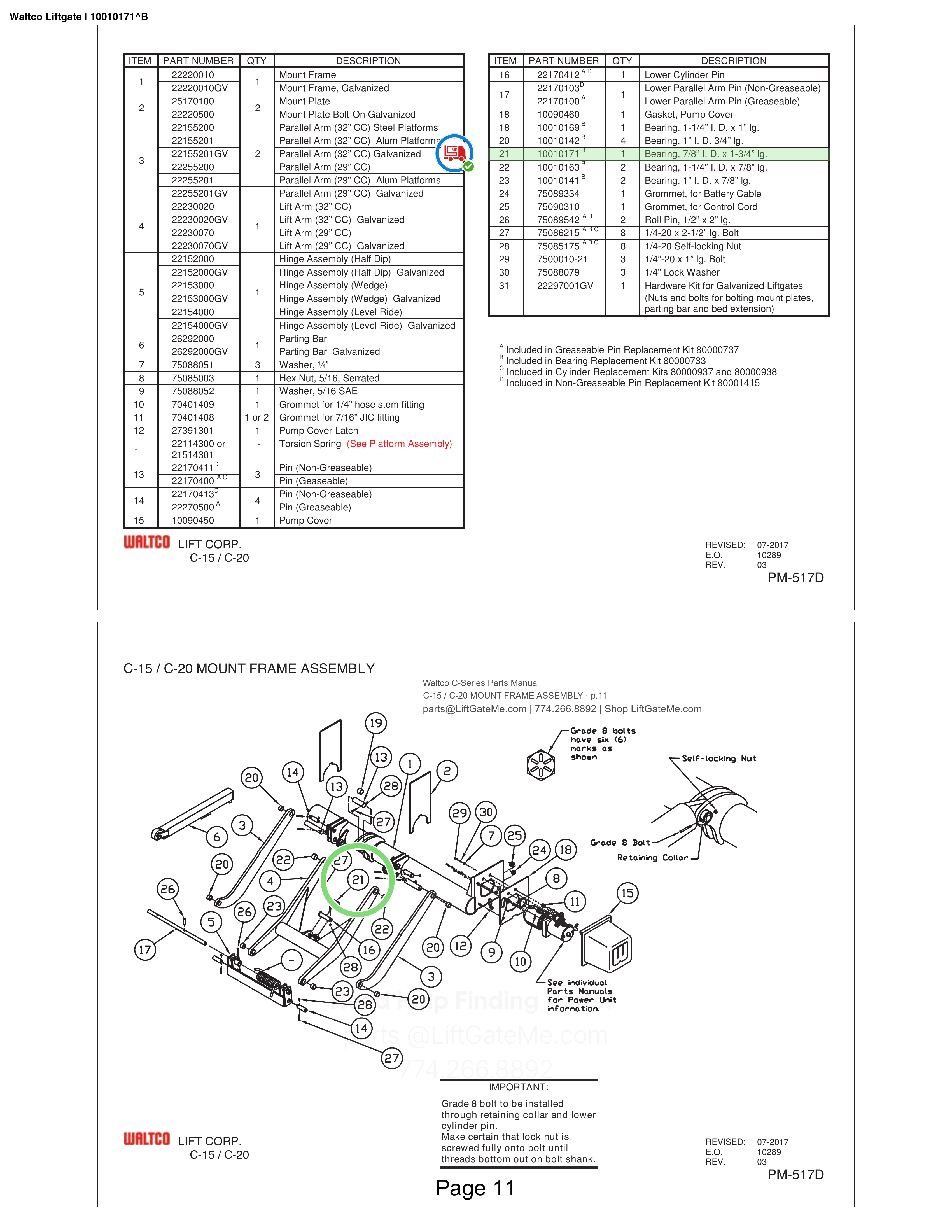 Waltco Liftgate | 10010171 — C-15 / C-20 MOUNT FRAME ASSEMBLY · p.11 (Waltco C-Series Parts Manual)