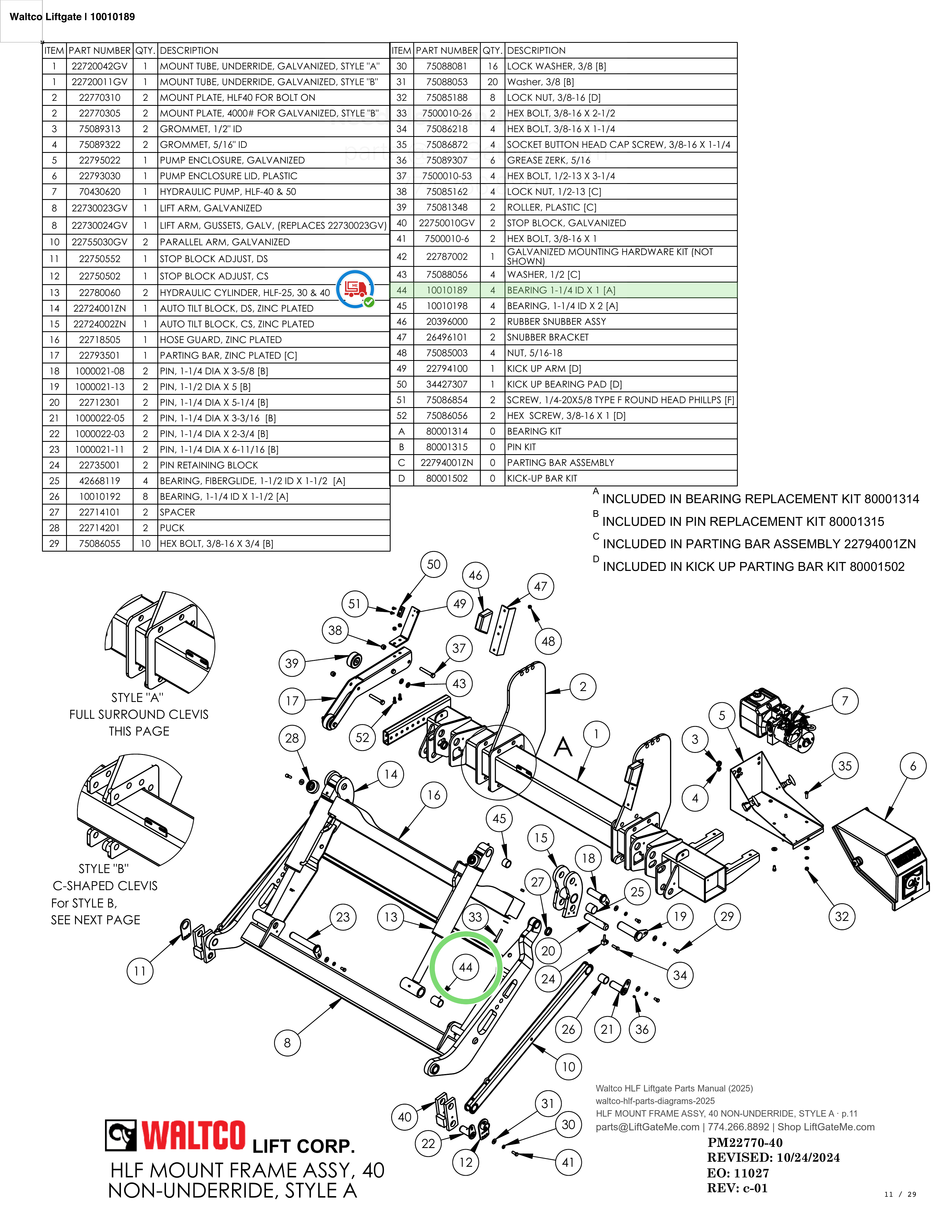 Waltco Liftgate | 10010189 — HLF MOUNT FRAME ASSY, 40 NON-UNDERRIDE, STYLE A · p.11 (Waltco HLF Parts Manual)