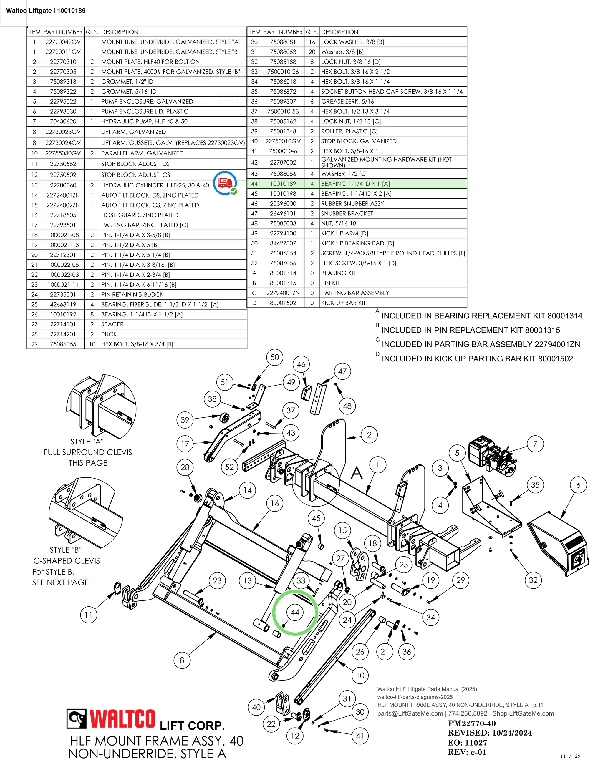 Waltco Liftgate | 10010189 — HLF MOUNT FRAME ASSY, 40 NON-UNDERRIDE, STYLE A · p.11 (Waltco HLF Parts Manual)