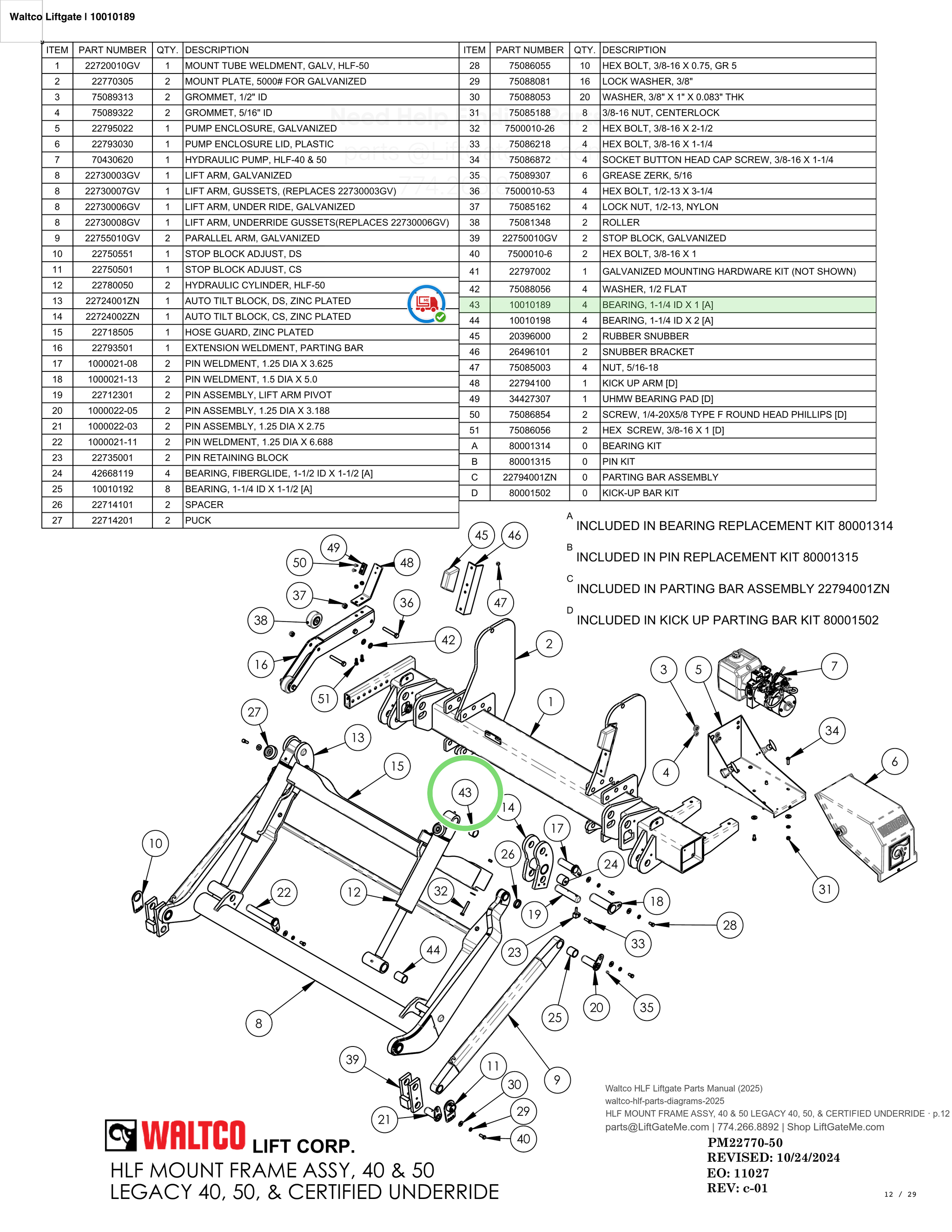 Waltco Liftgate | 10010189 — HLF MOUNT FRAME ASSY, 40 & 50 LEGACY 40, 50, & CERTIFIED UNDERRIDE · p.12 (Waltco HLF Parts Manual)