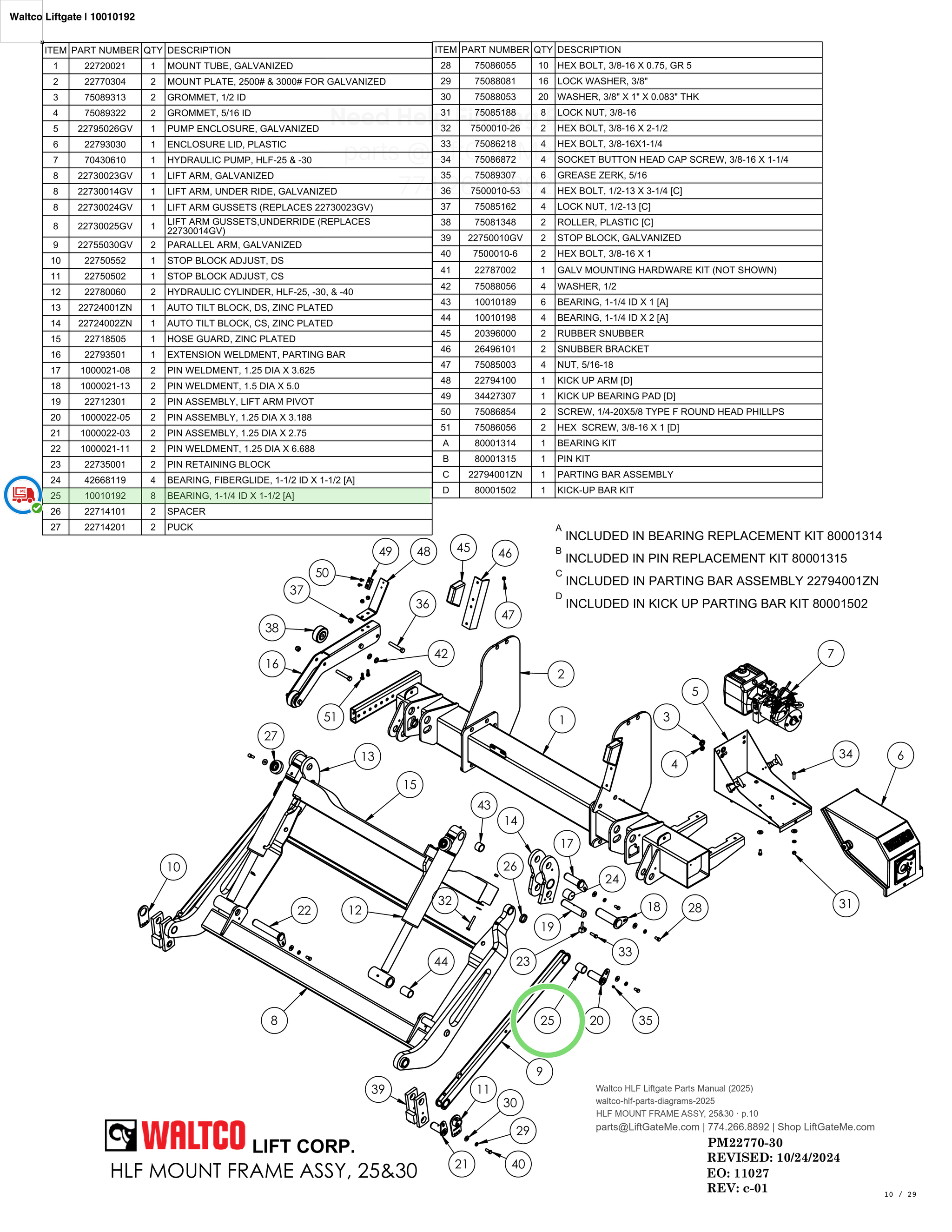 Waltco Liftgate | 10010192 — HLF MOUNT FRAME ASSY, 25&30 · p.10 (Waltco HLF Parts Manual)