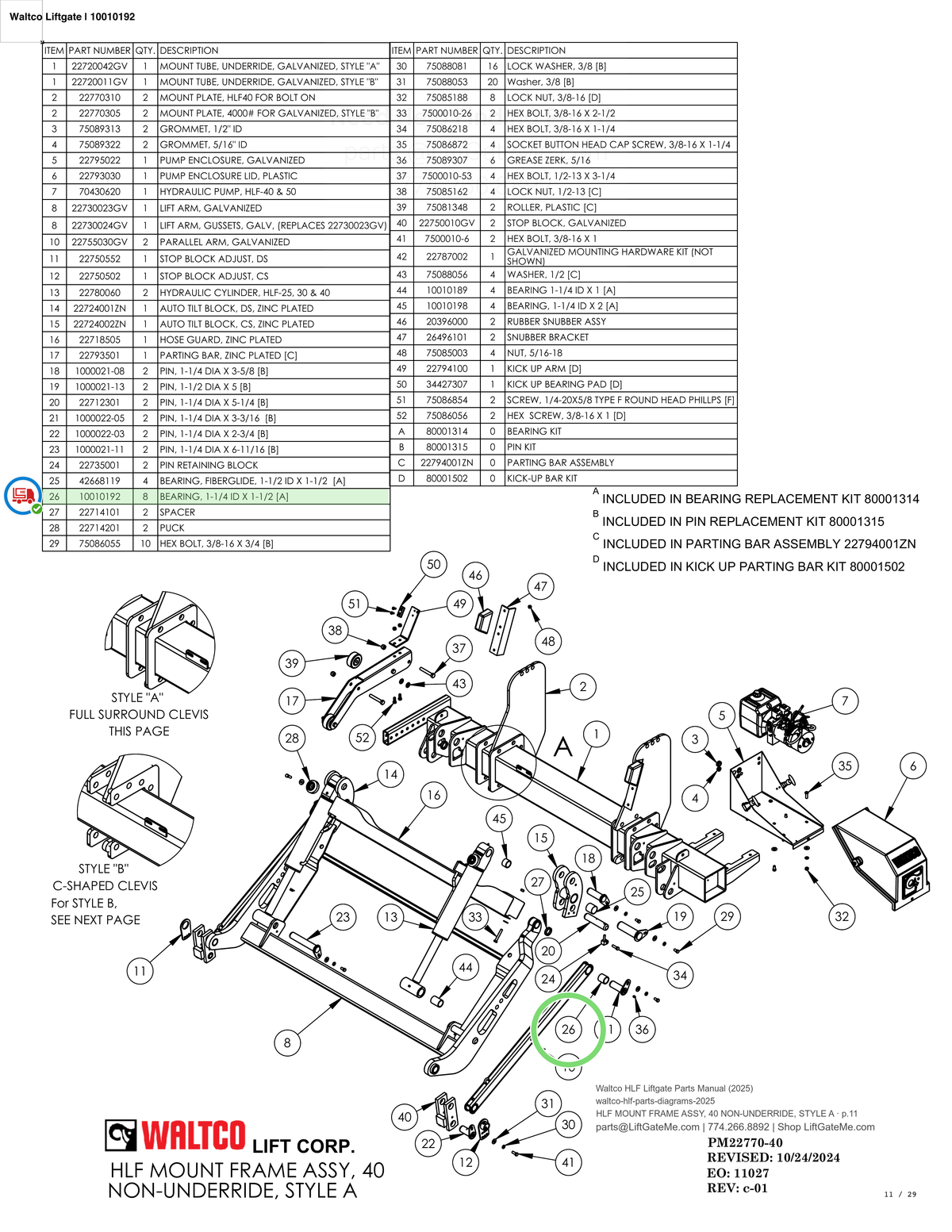 Waltco Liftgate | 10010192 — HLF MOUNT FRAME ASSY, 40 NON-UNDERRIDE, STYLE A · p.11 (Waltco HLF Parts Manual)