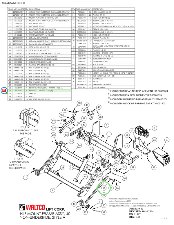 Waltco Liftgate | 10010192 — HLF MOUNT FRAME ASSY, 40 NON-UNDERRIDE, STYLE A · p.11 (Waltco HLF Parts Manual)