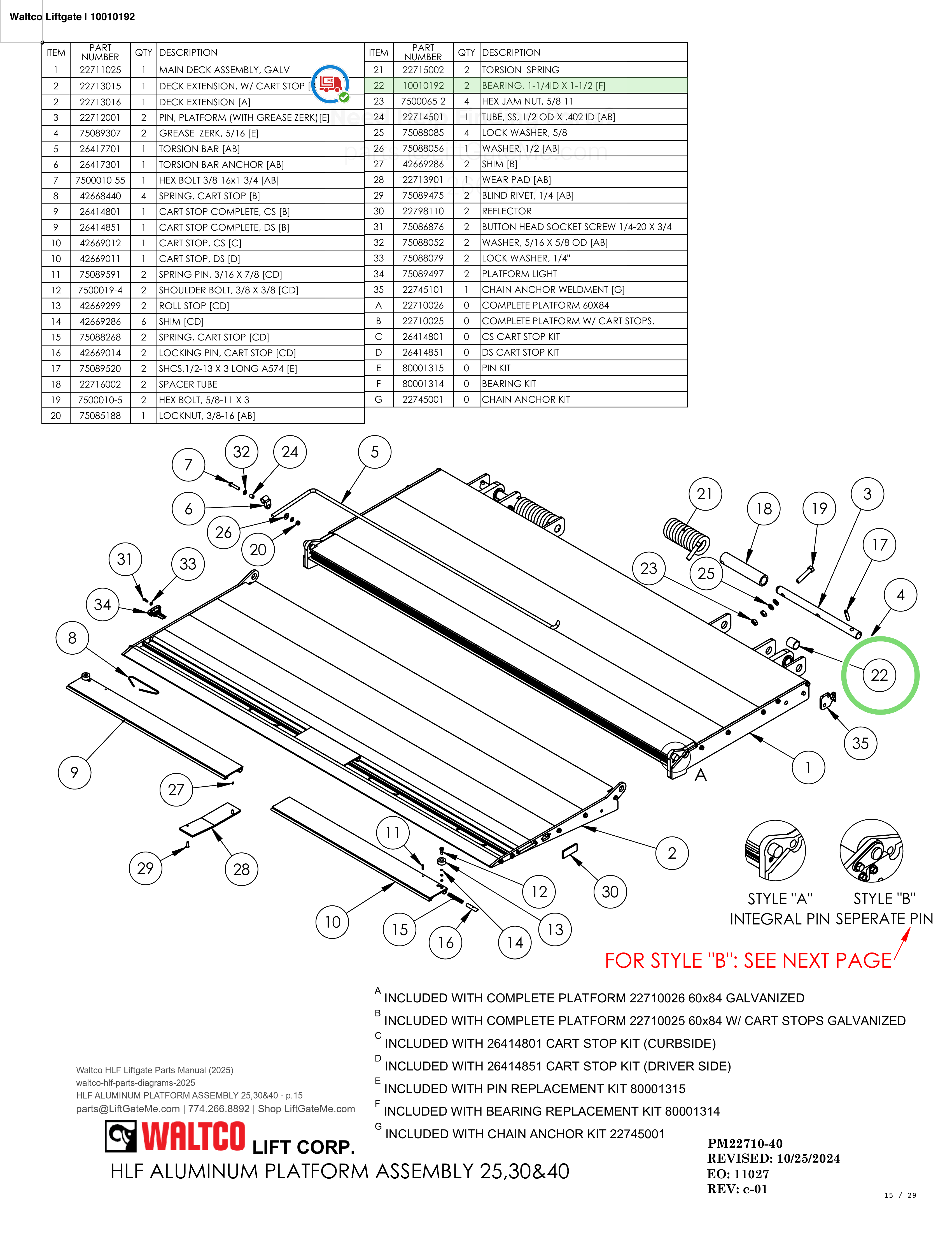 Waltco Liftgate | 10010192 — HLF ALUMINUM PLATFORM ASSEMBLY 25,30&40 · p.15 (Waltco HLF Parts Manual)