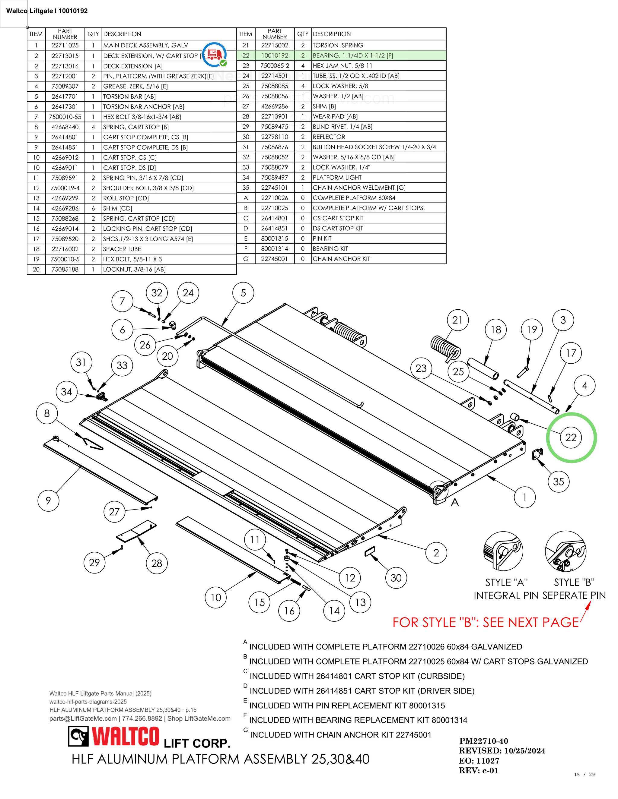 Waltco Liftgate | 10010192 — HLF ALUMINUM PLATFORM ASSEMBLY 25,30&40 · p.15 (Waltco HLF Parts Manual)
