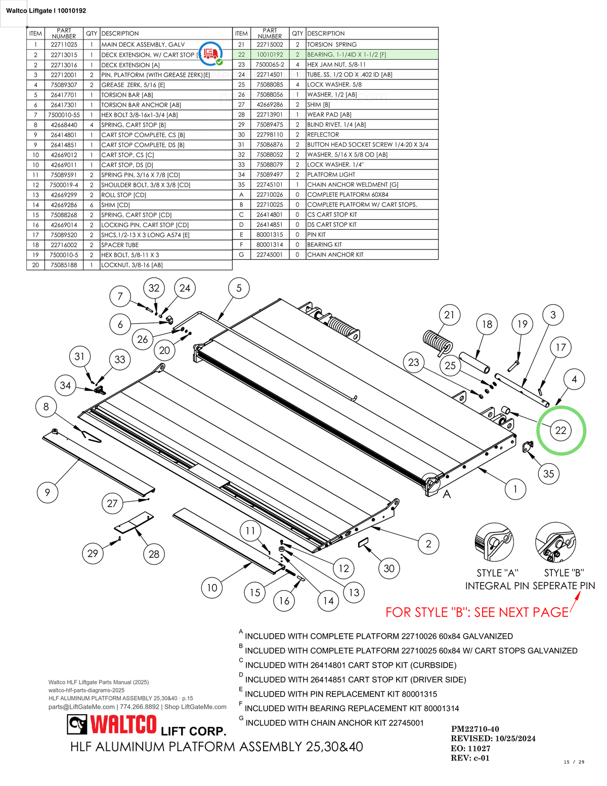 Waltco Liftgate | 10010192 — HLF ALUMINUM PLATFORM ASSEMBLY 25,30&40 · p.15 (Waltco HLF Parts Manual)