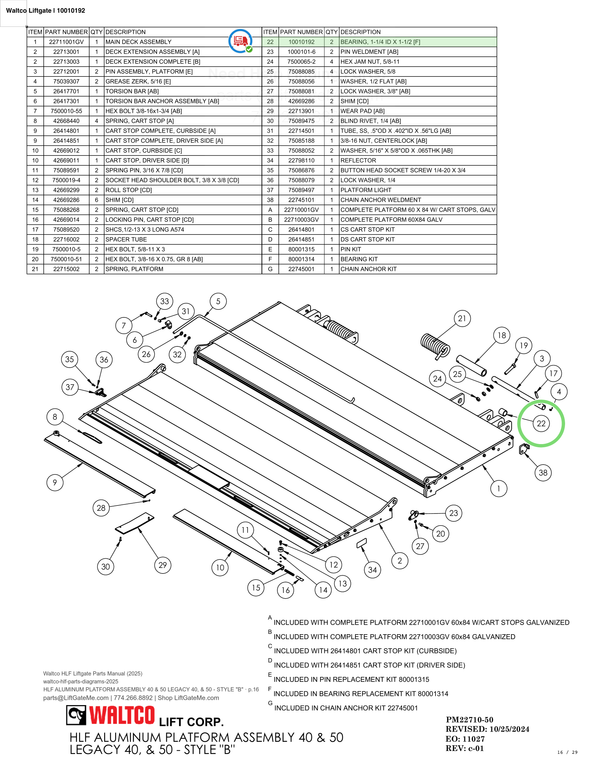 Waltco Liftgate | 10010192 — HLF ALUMINUM PLATFORM ASSEMBLY 40 & 50 LEGACY 40, & 50 - STYLE "B" · p.16 (Waltco HLF Parts Manual)