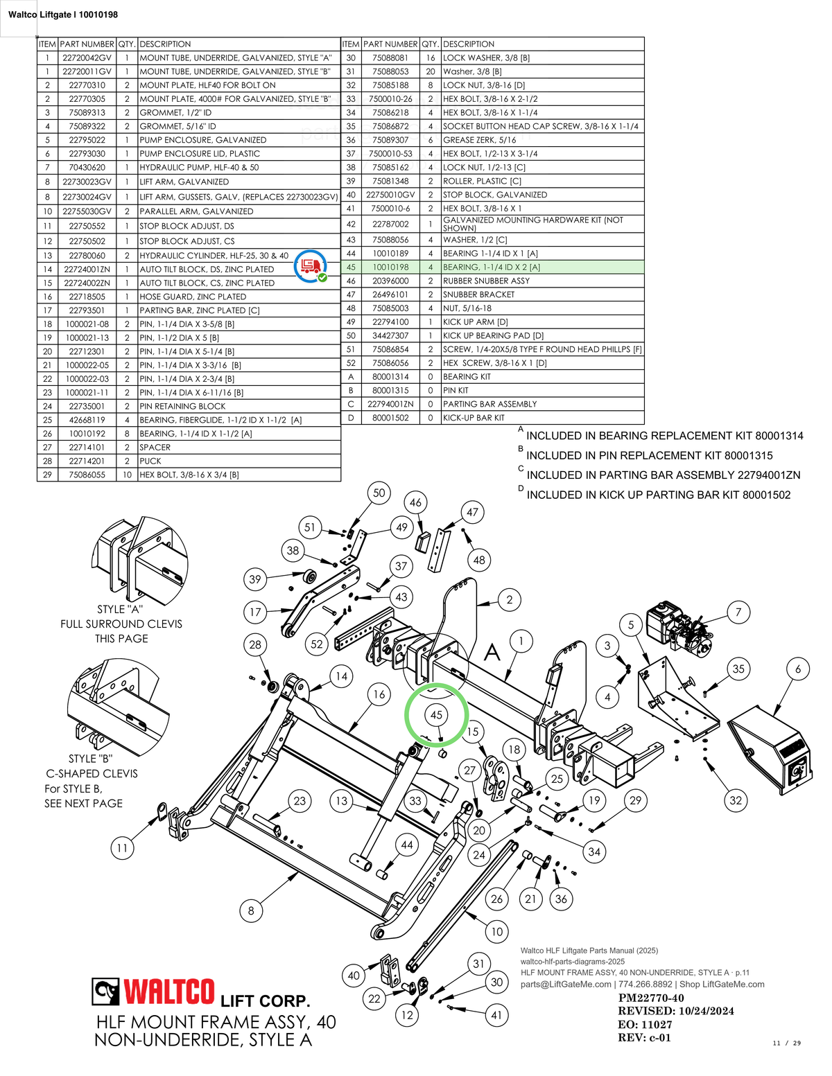 Waltco Liftgate | 10010198 — HLF MOUNT FRAME ASSY, 40 NON-UNDERRIDE, STYLE A · p.11 (Waltco HLF Parts Manual)