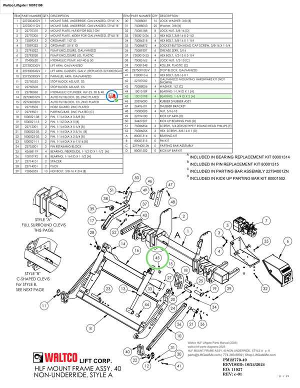 Waltco Liftgate | 10010198 — HLF MOUNT FRAME ASSY, 40 NON-UNDERRIDE, STYLE A · p.11 (Waltco HLF Parts Manual)