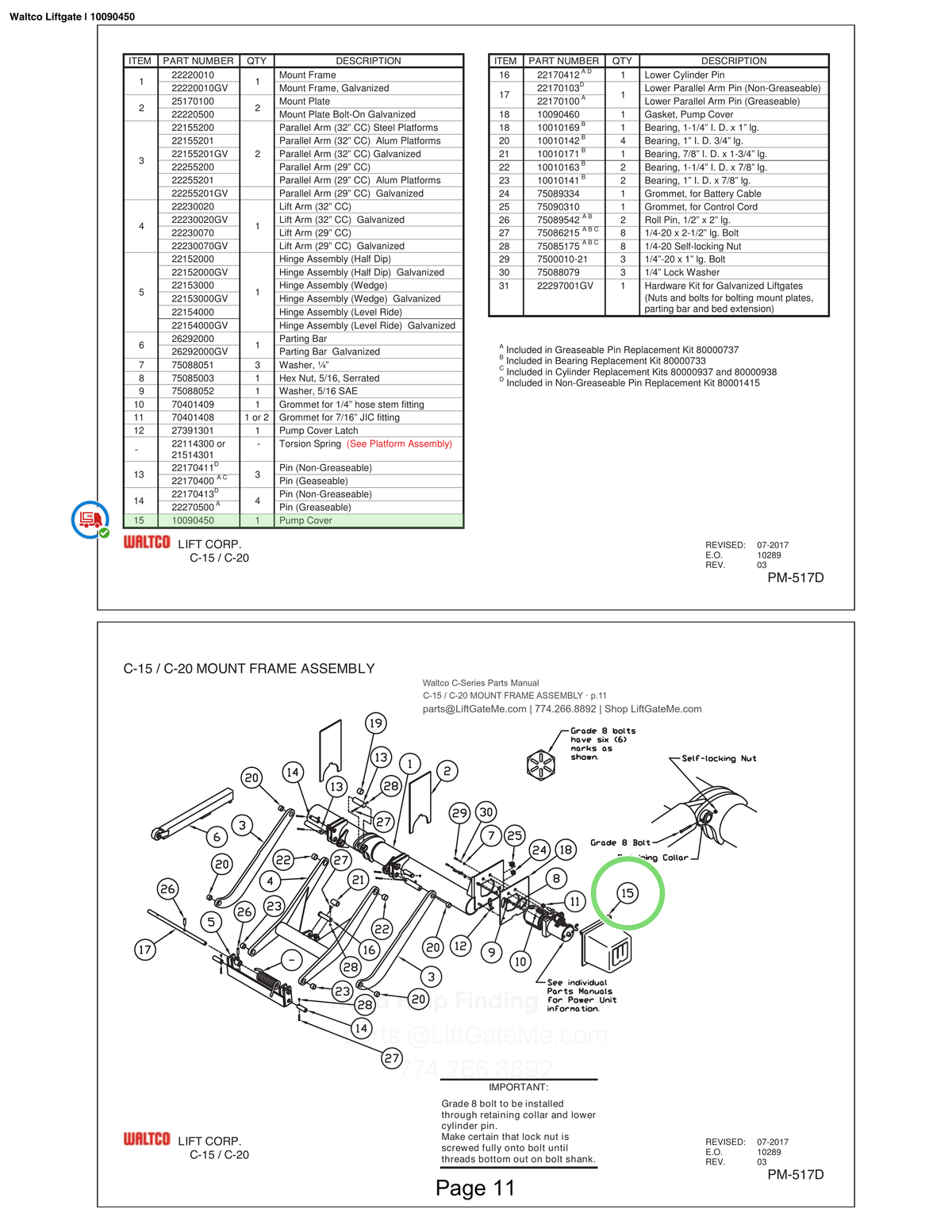 Waltco Liftgate | 10090450 — C-15 / C-20 MOUNT FRAME ASSEMBLY · p.11 (Waltco C-Series Parts Manual)