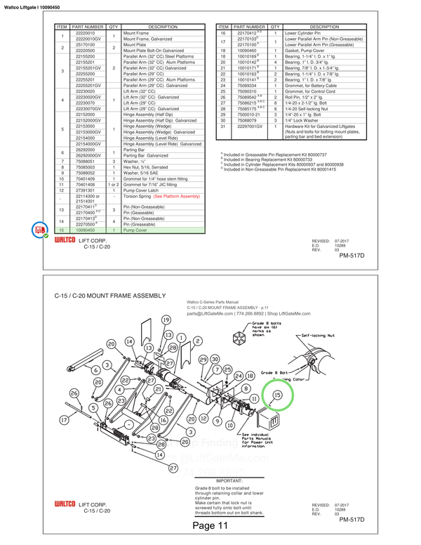 Waltco Liftgate | 10090450 — C-15 / C-20 MOUNT FRAME ASSEMBLY · p.11 (Waltco C-Series Parts Manual)