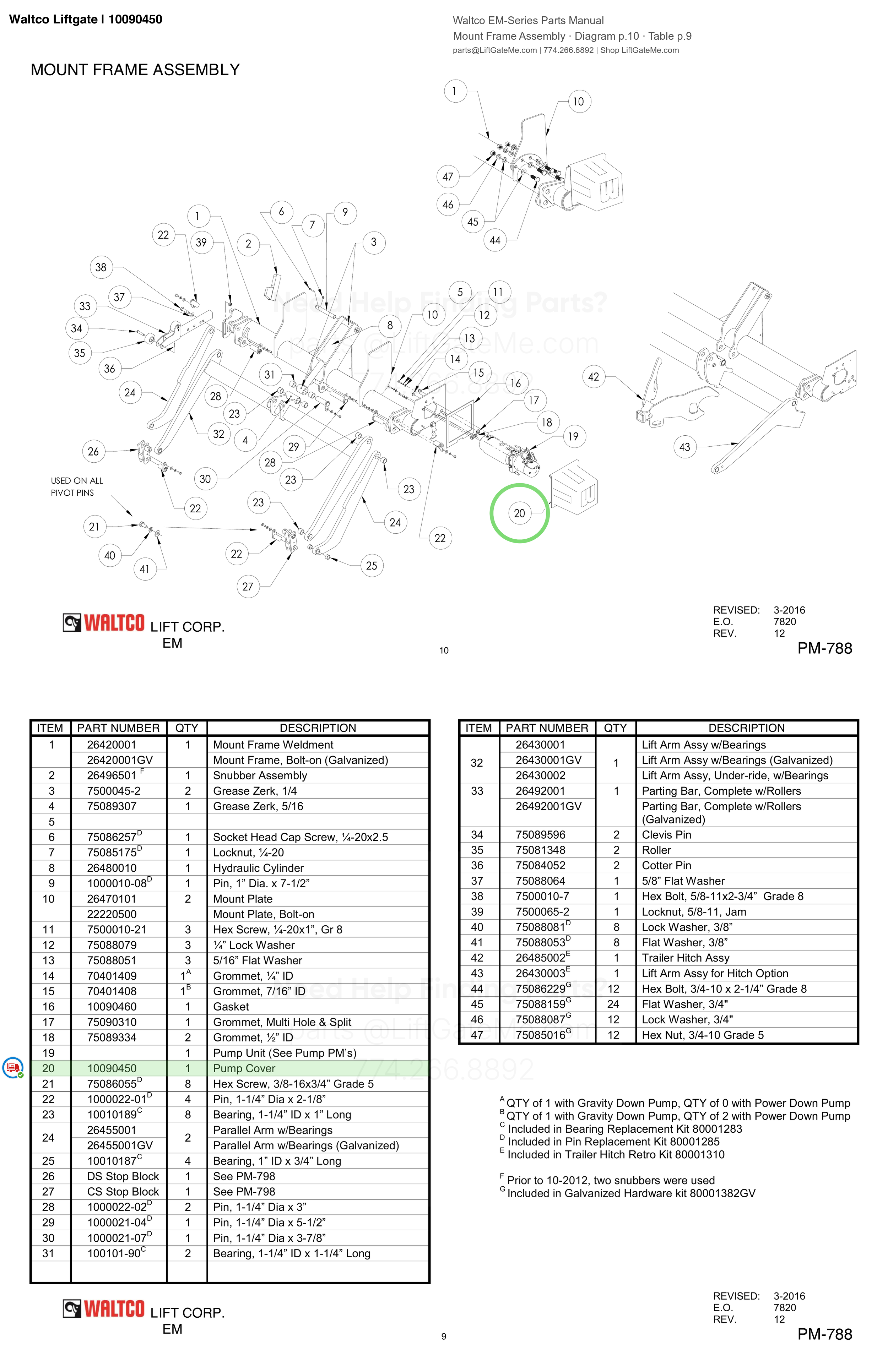 Waltco Liftgate | 10090450 — Mount Frame Assembly · Diagram p.10 · Table p.9 (Waltco EM-Series Parts Manual)