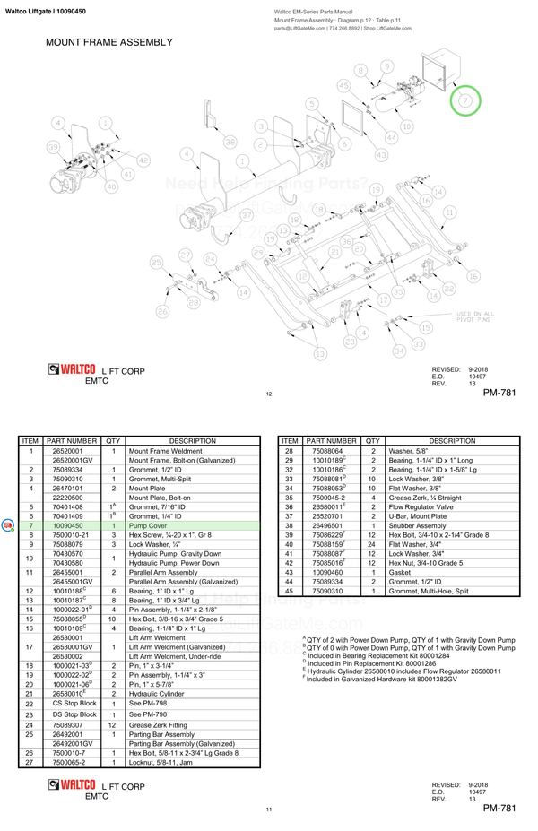Waltco Liftgate | 10090450 — Mount Frame Assembly · Diagram p.12 · Table p.11 (Waltco EM-Series Parts Manual)
