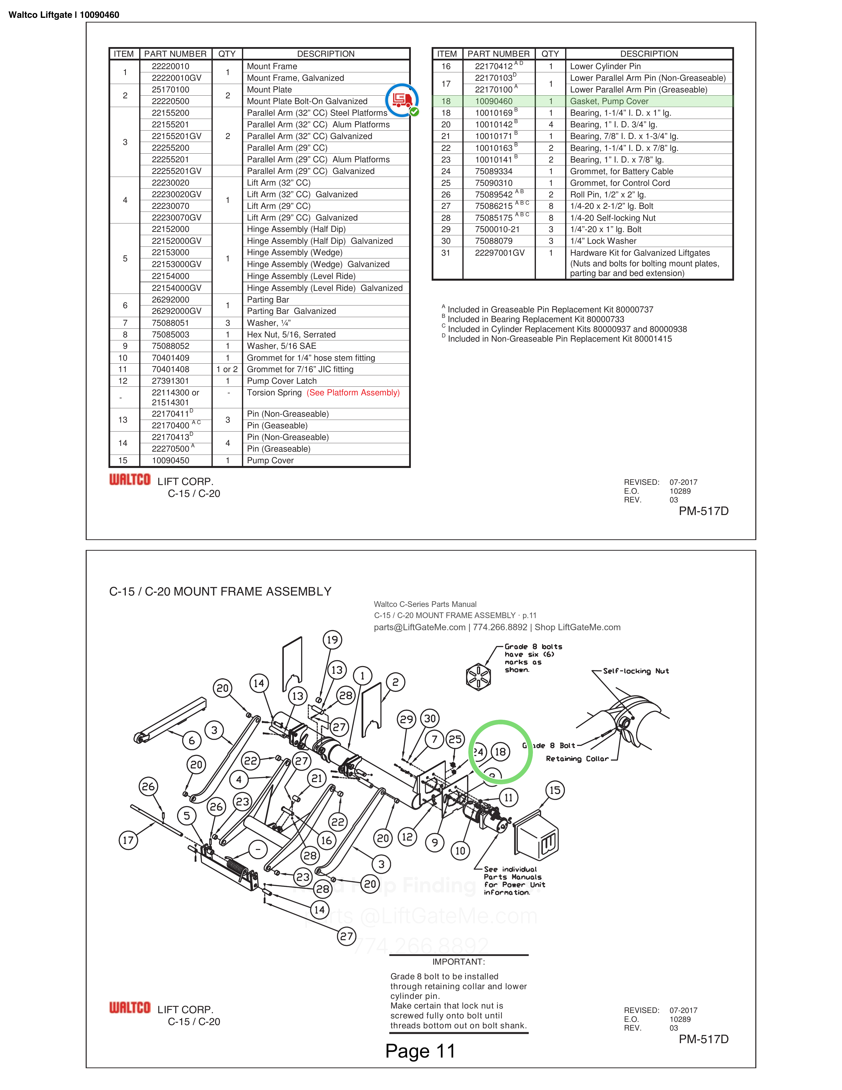 Waltco Liftgate | 10090460 — C-15 / C-20 MOUNT FRAME ASSEMBLY · p.11 (Waltco C-Series Parts Manual)