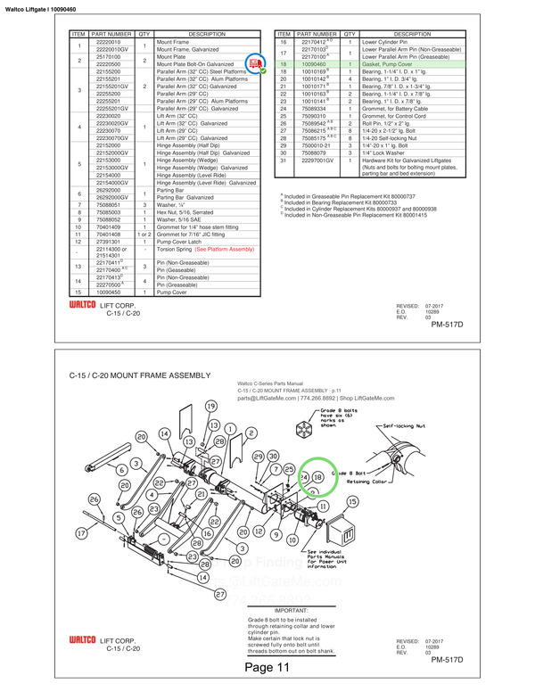 Waltco Liftgate | 10090460 — C-15 / C-20 MOUNT FRAME ASSEMBLY · p.11 (Waltco C-Series Parts Manual)