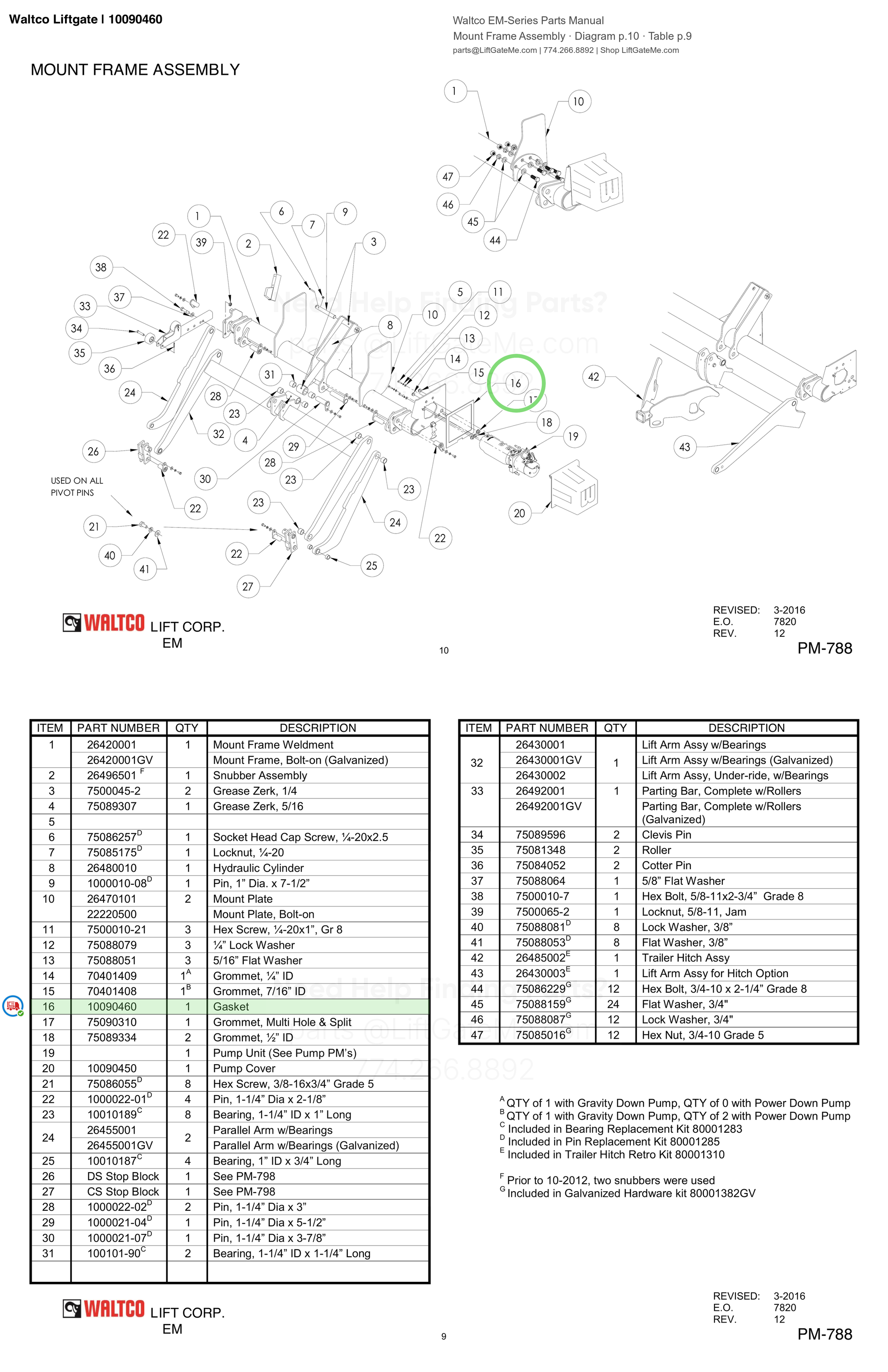 Waltco Liftgate | 10090460 — Mount Frame Assembly · Diagram p.10 · Table p.9 (Waltco EM-Series Parts Manual)