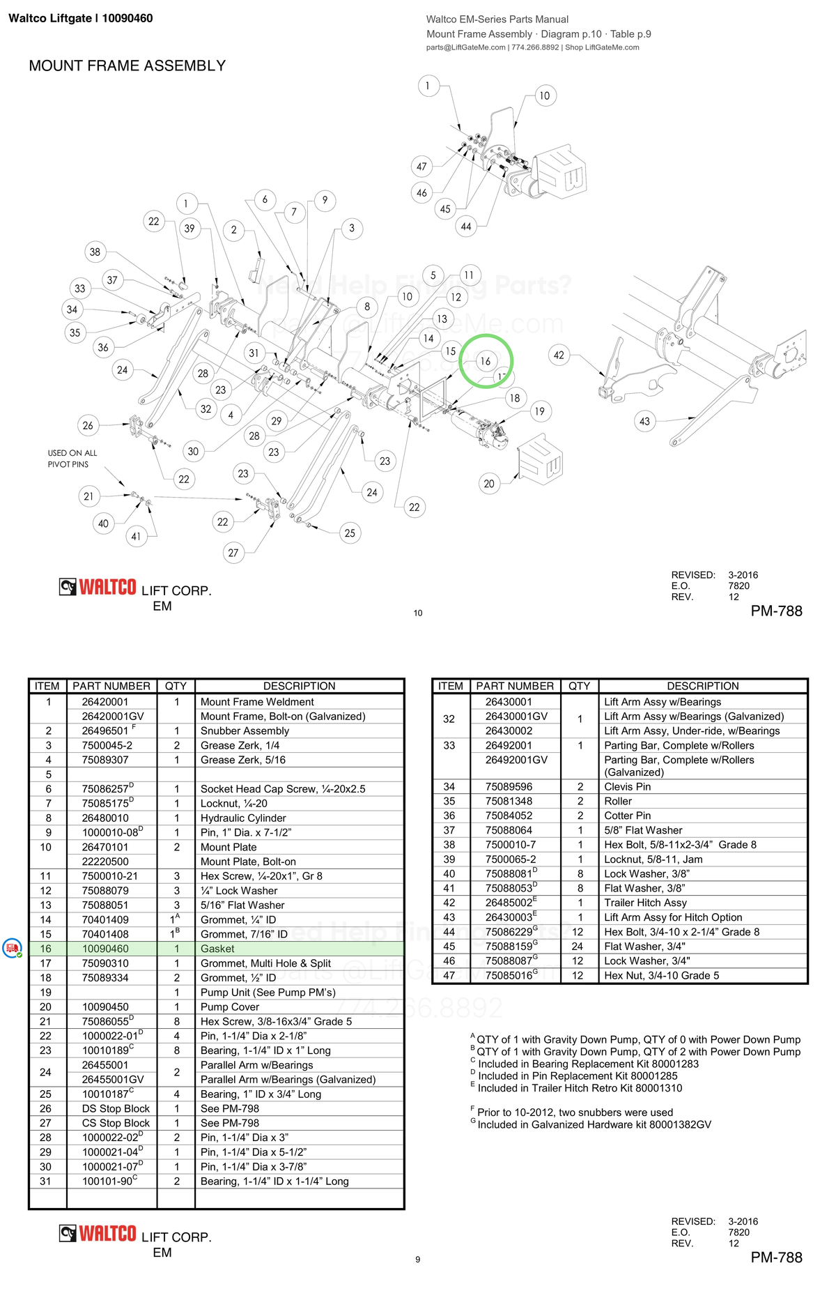Waltco Liftgate | 10090460 — Mount Frame Assembly · Diagram p.10 · Table p.9 (Waltco EM-Series Parts Manual)