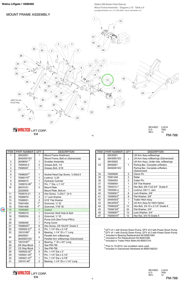Waltco Liftgate | 10090460 — Mount Frame Assembly · Diagram p.10 · Table p.9 (Waltco EM-Series Parts Manual)